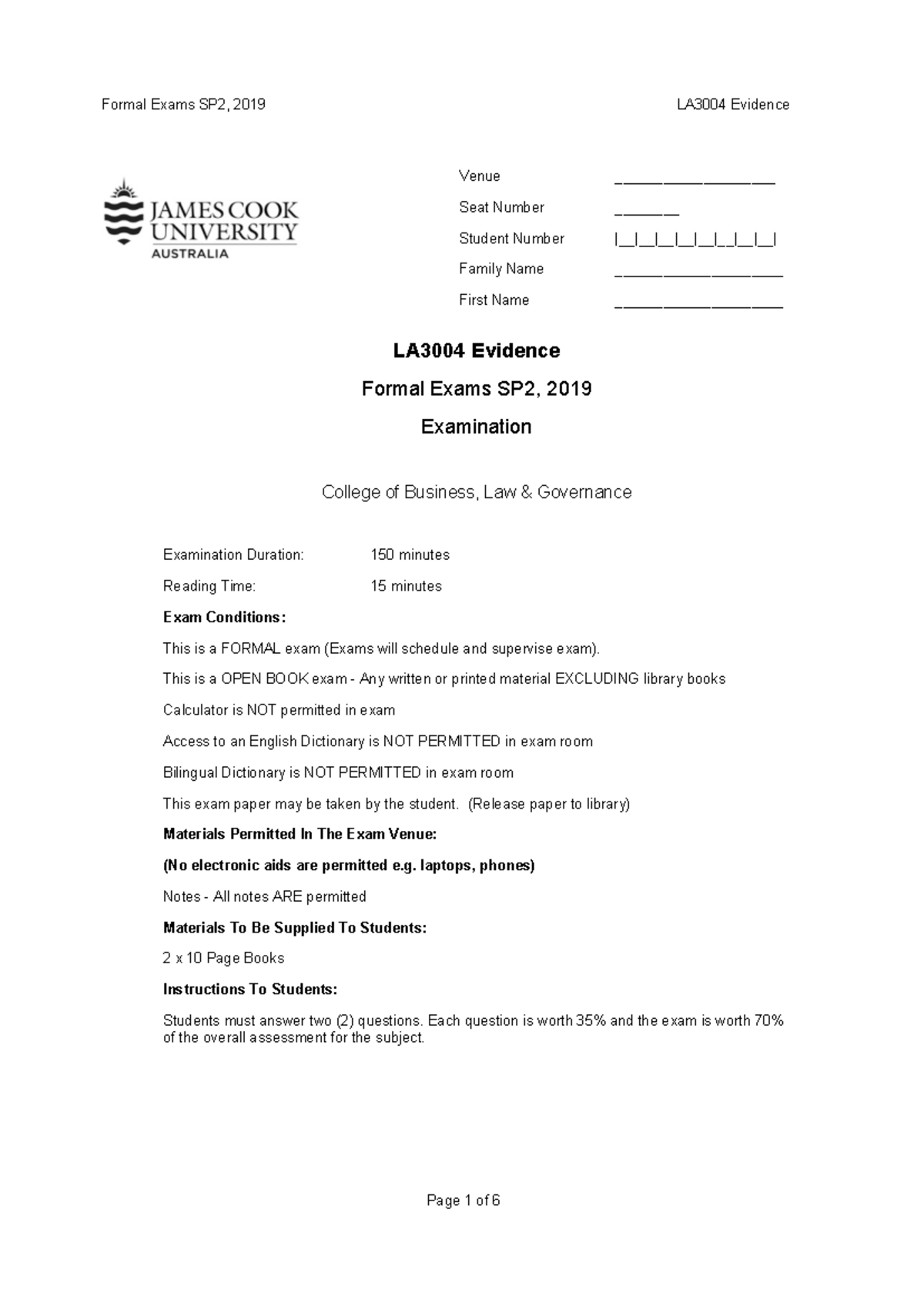 PAST EXAM SP2 2019 - Past Exam - LA3004 Evidence Formal Exams SP2, 2019 ...