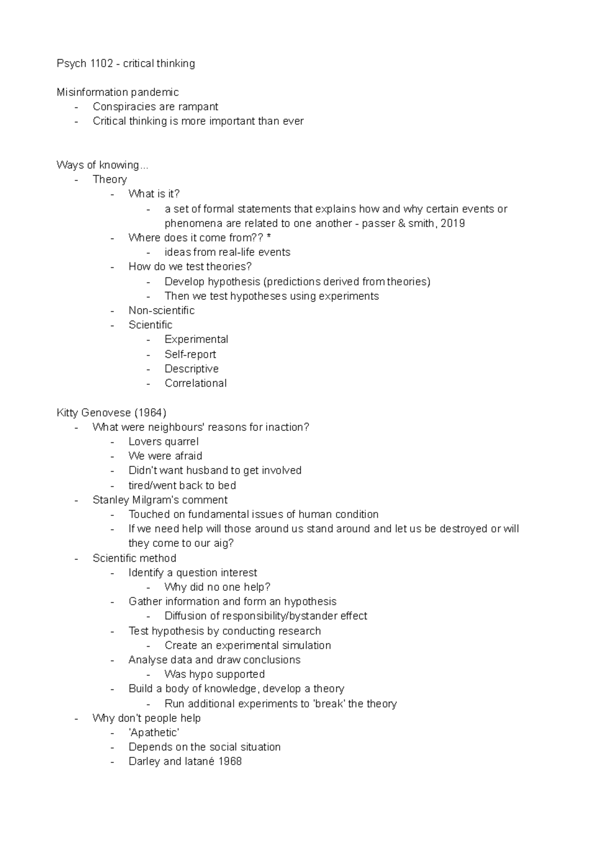 Lecture 1 Notes - Psych 1102 - critical thinking Misinformation ...
