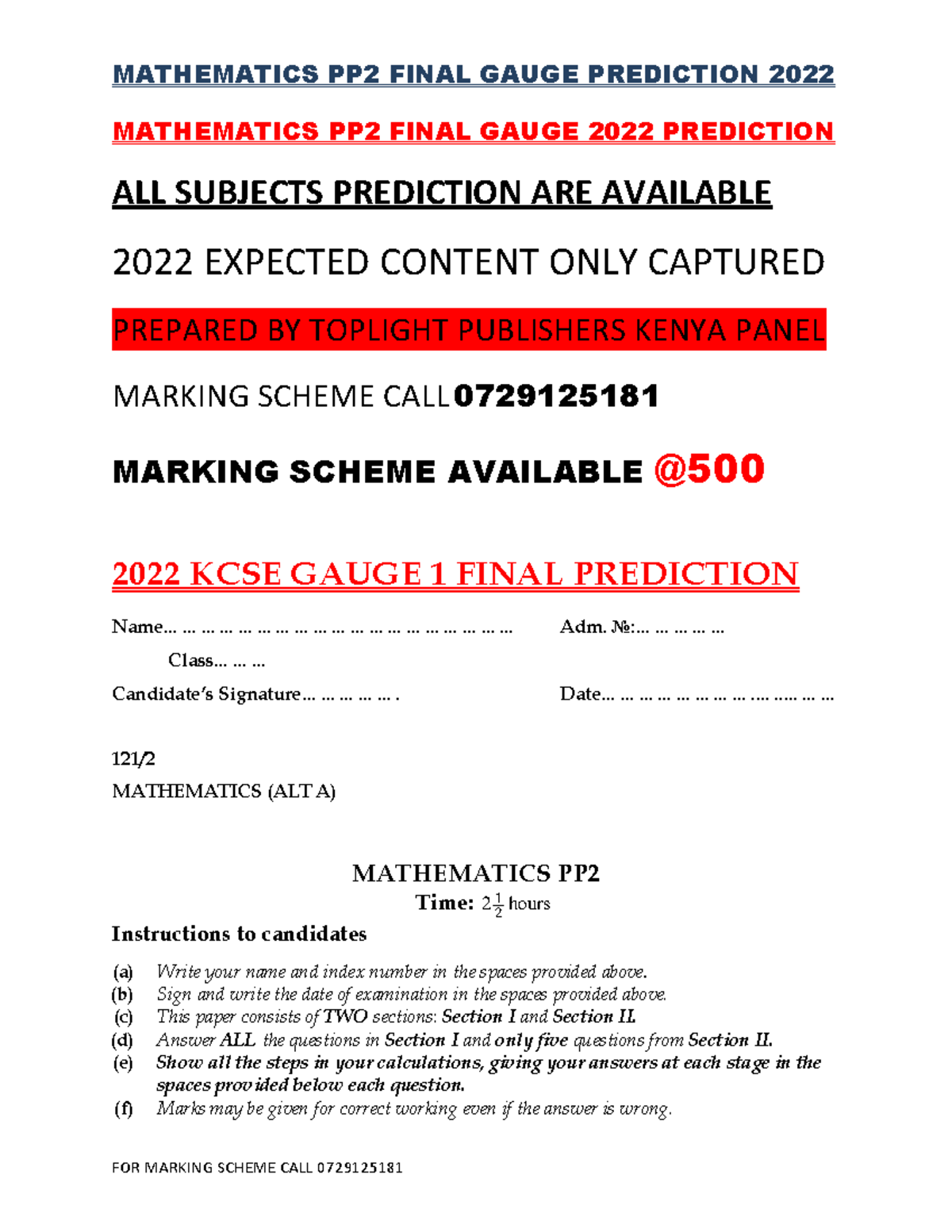 Mathematics PP2 Final Gauge 2022 Prediction MATHEMATICS PP2 FINAL