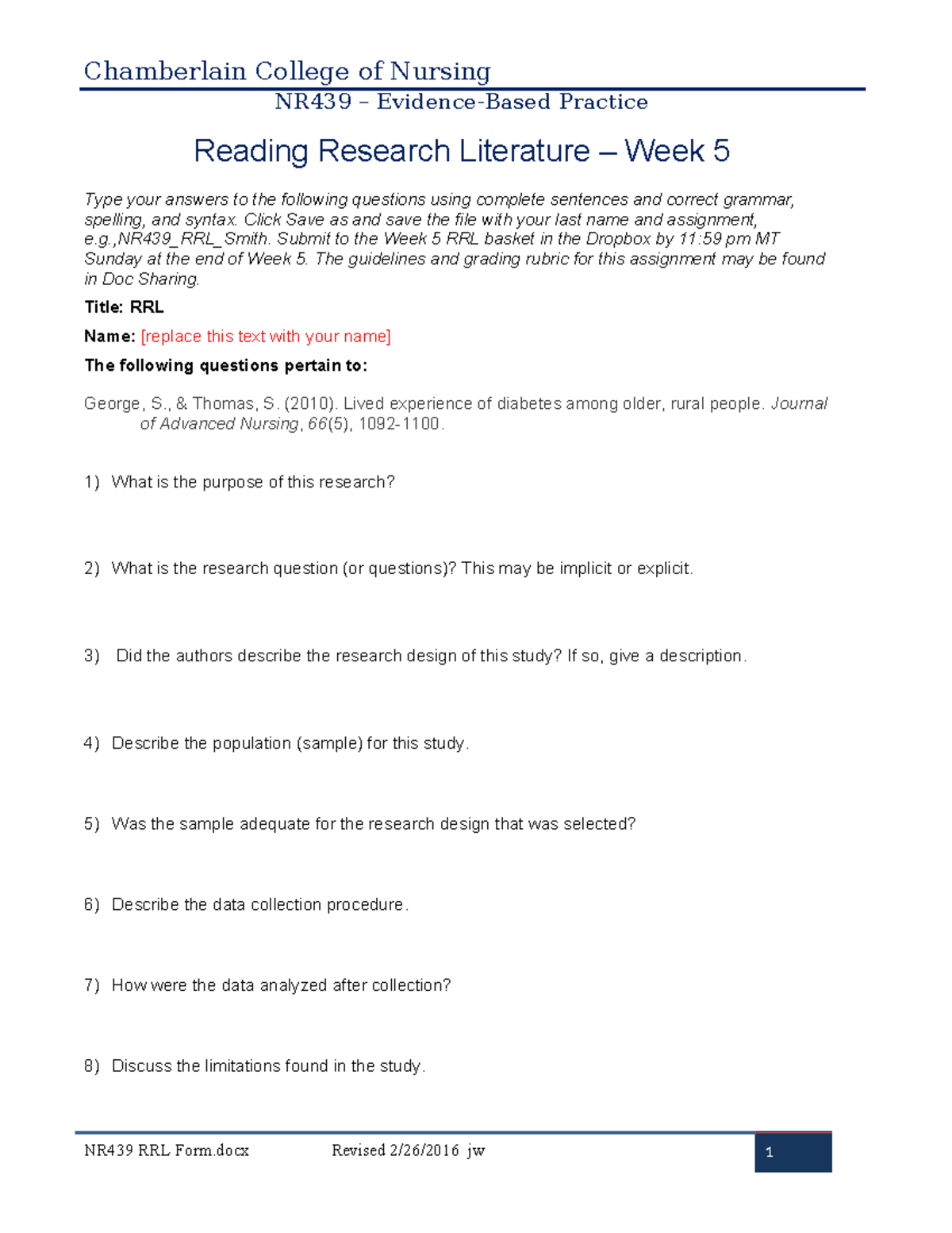 NR439 RRL Form revised 2 26 16 - Chamberlain College of Nursing NR439 ...