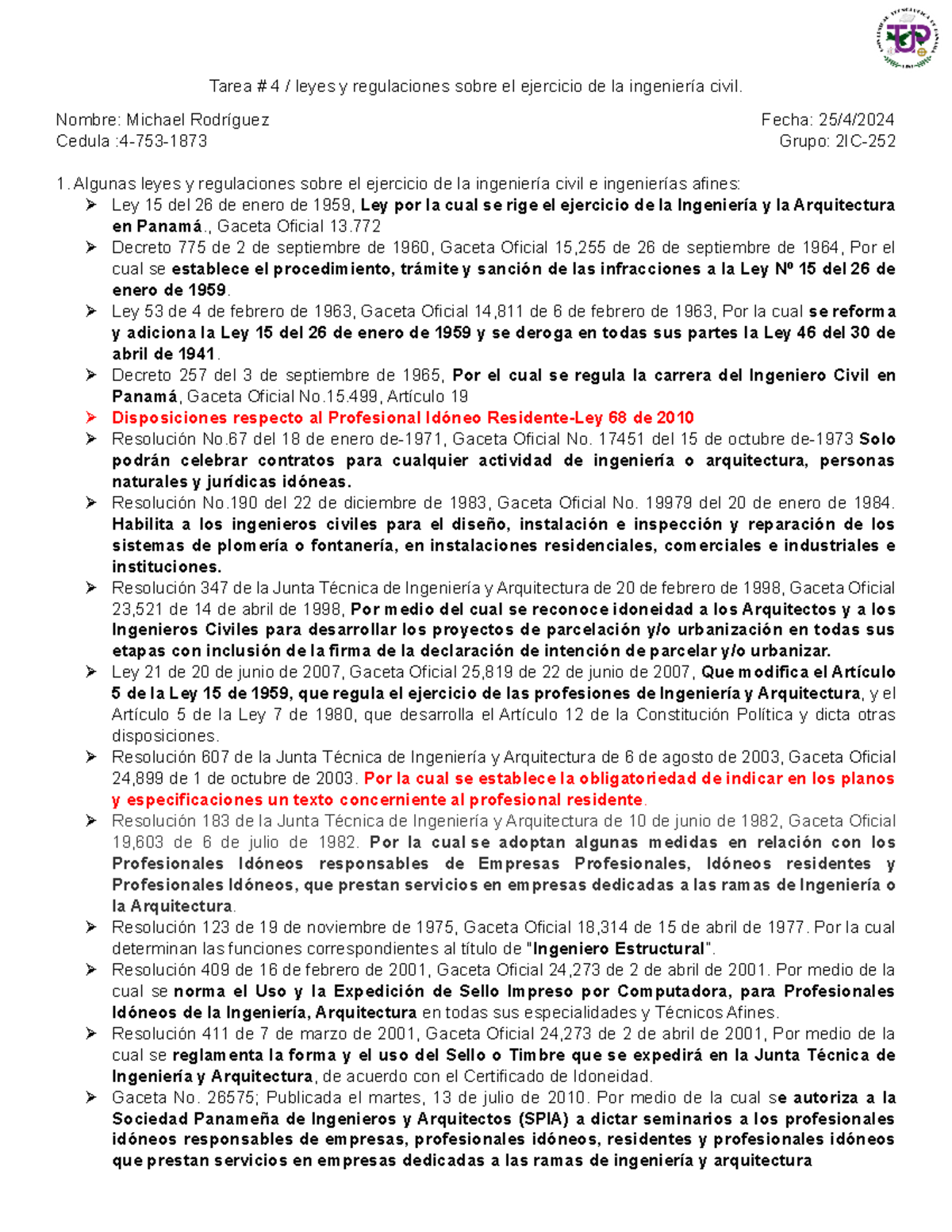 Tarea #4 Michael Rodriguez - Tarea # 4 / leyes y regulaciones sobre el ...