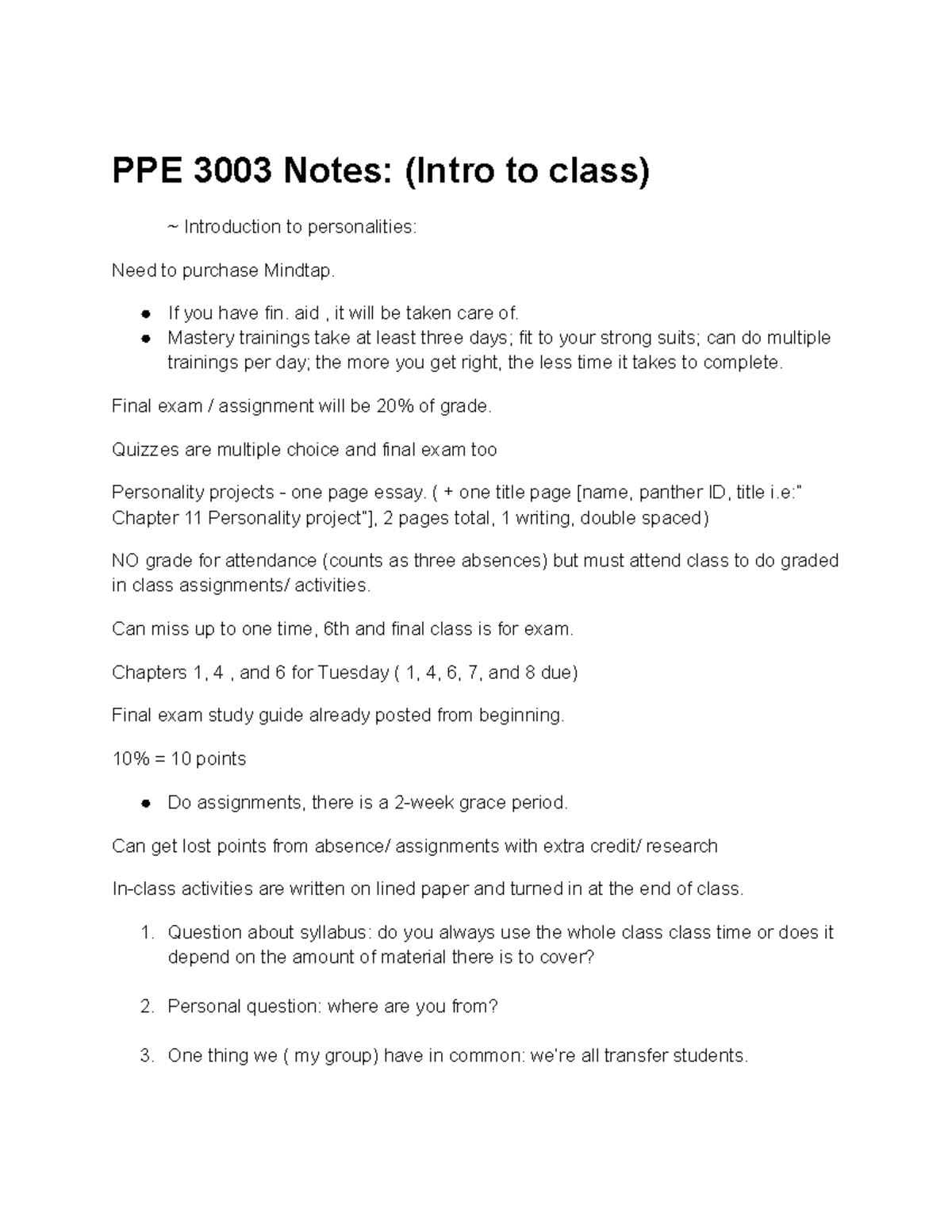 PPE 3003 Lecture 1 Notes - PPE 3003 Notes: (Intro to class ...