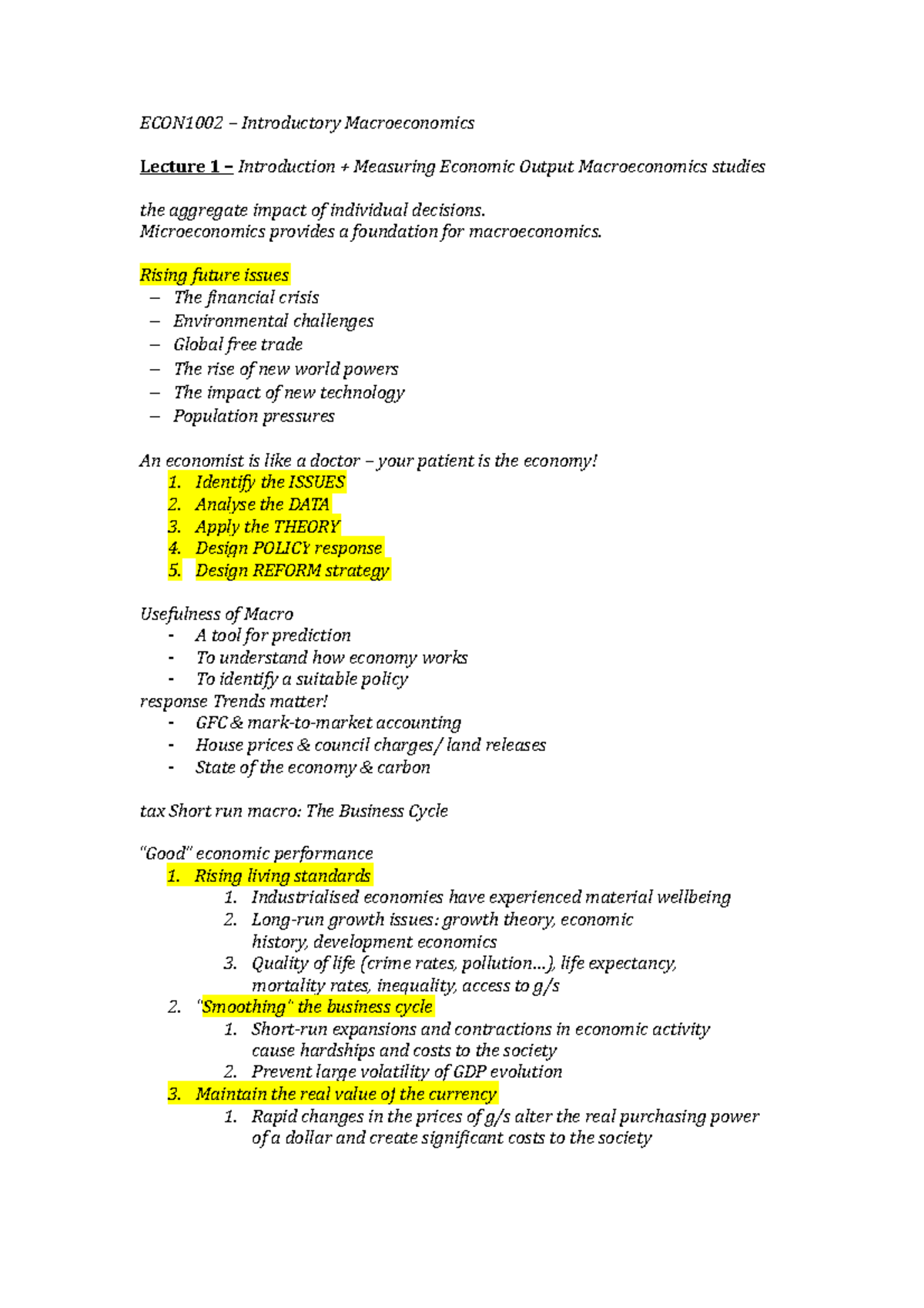 Week 1-2 - Lecture notes 1-2 - ECON1002 – Introductory Macroeconomics ...
