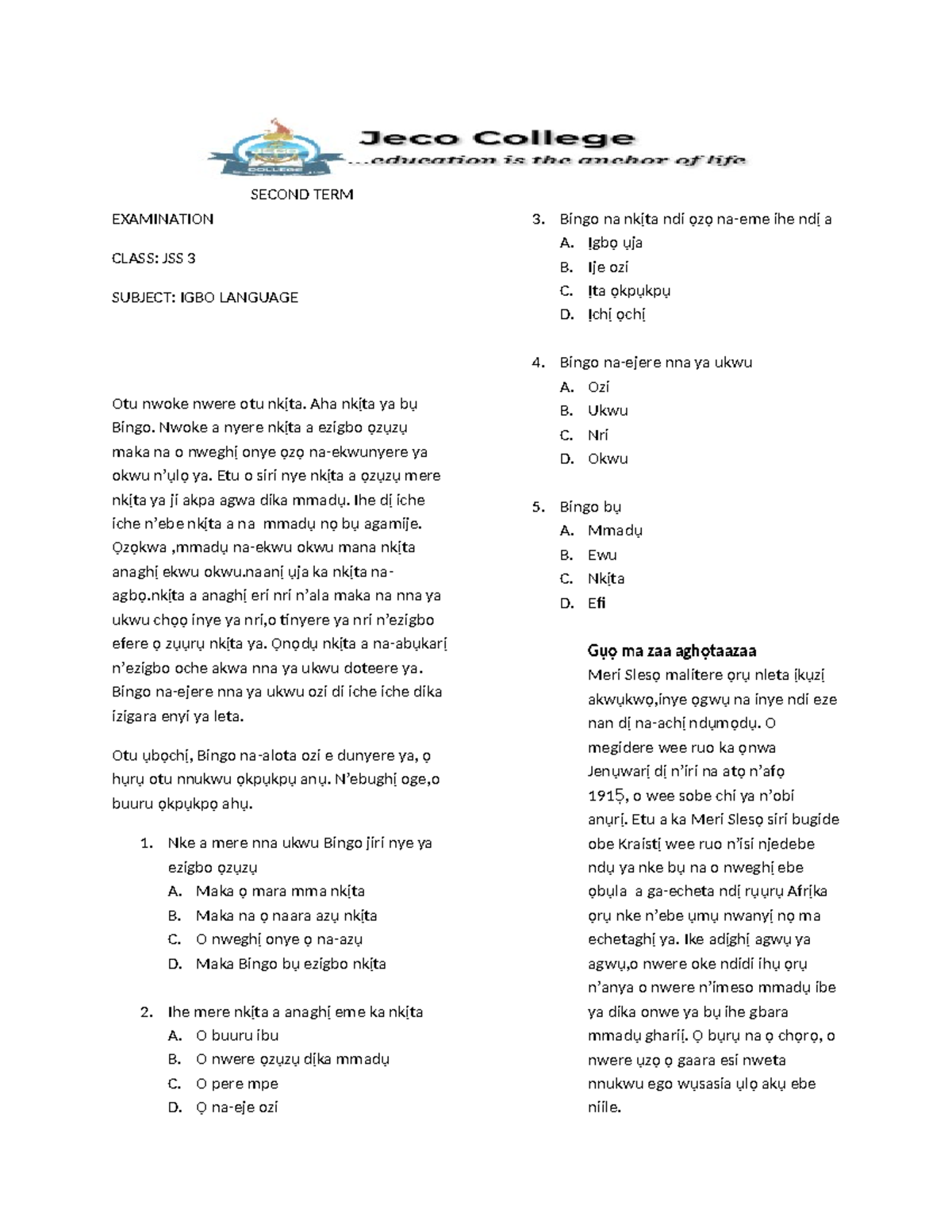 JSS 3 Second TERM MOCK complete SECOND TERM EXAMINATION CLASS JSS 3 SUBJECT IGBO LANGUAGE