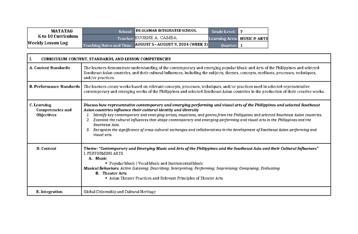 Mapeh 7 Q1W2 - MATATAG K to 10 Curriculum Weekly Lesson Log School: DE ...