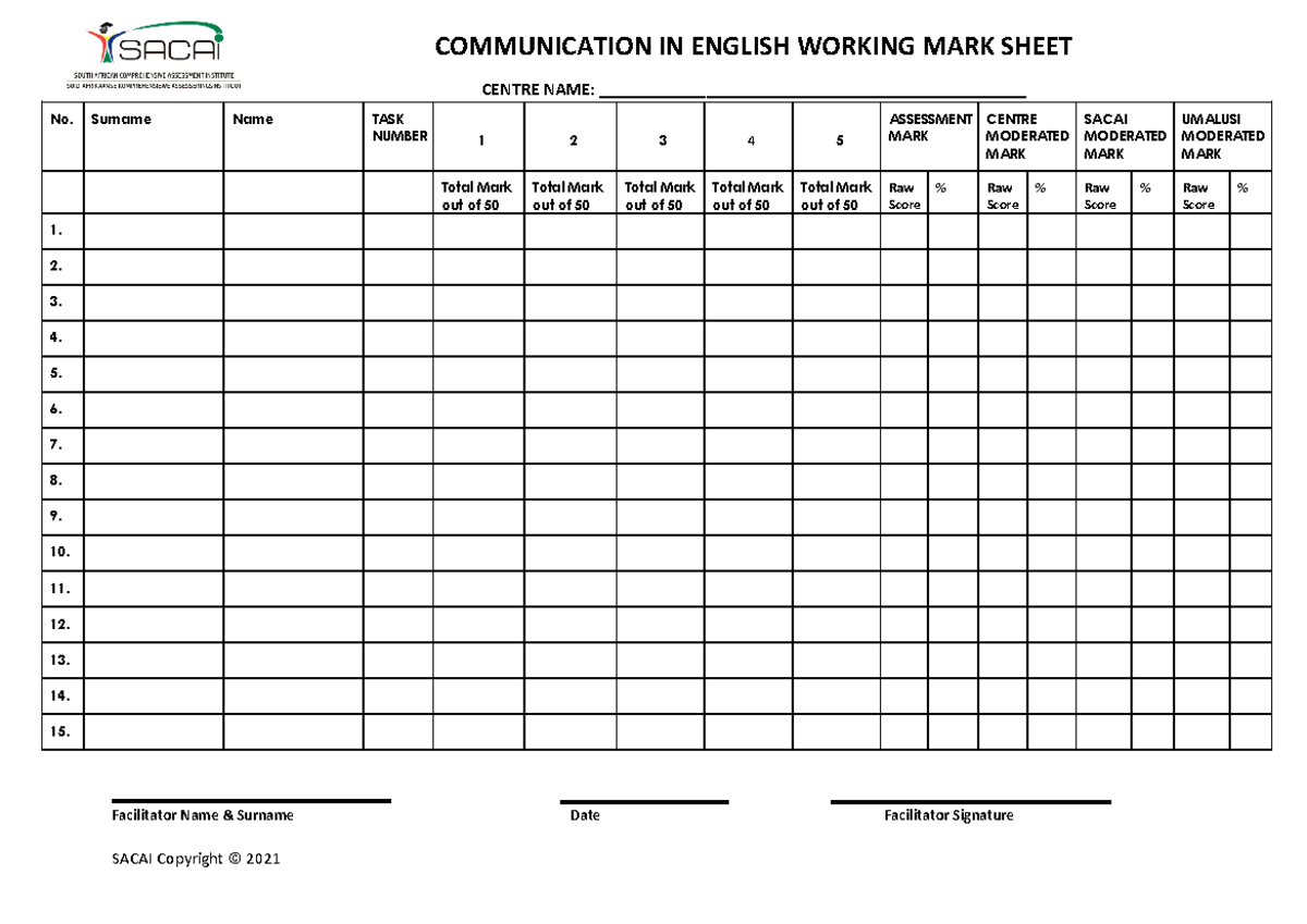 Working Mark sheet - Communication in English - SACAI Copyright © 2021 ...