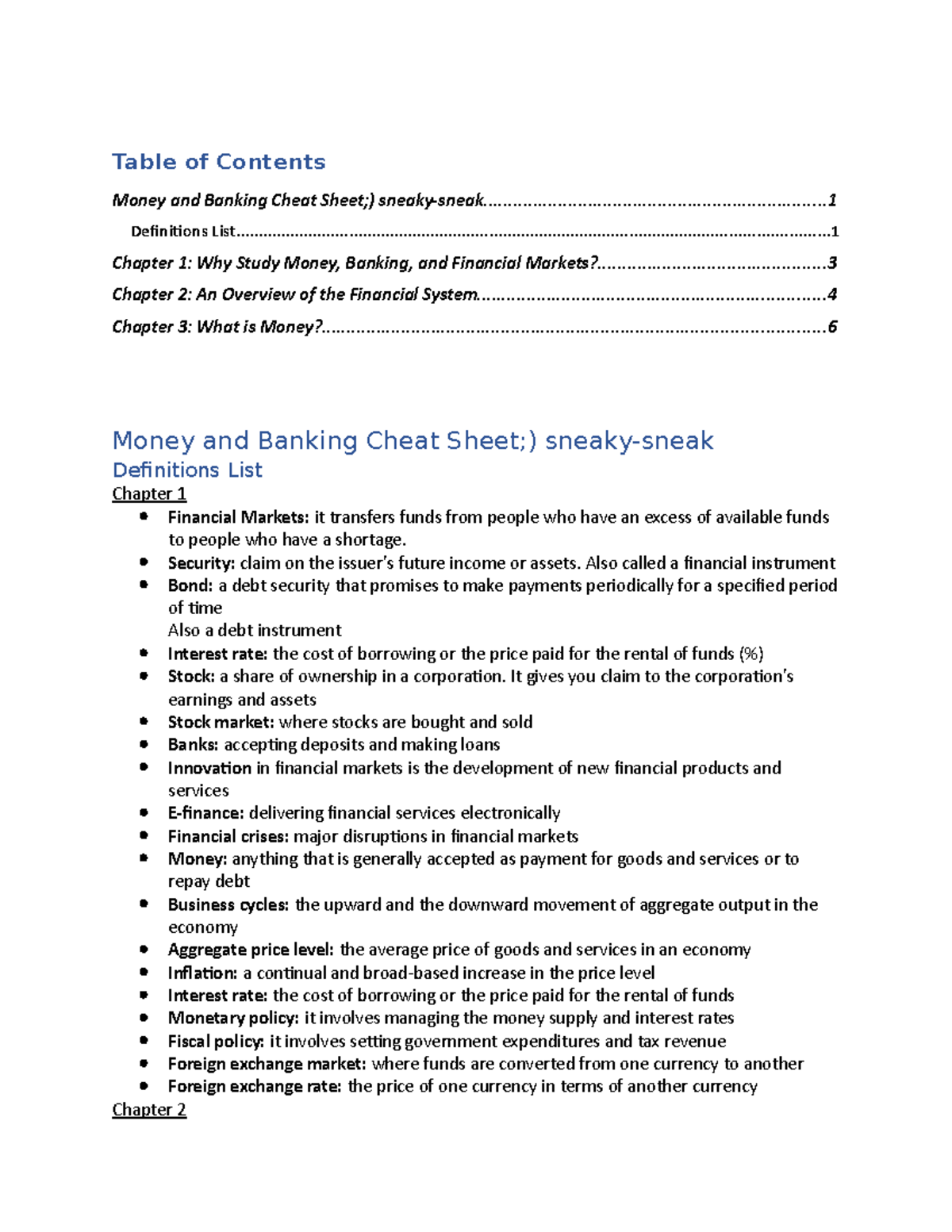 Money and Banking Cheat Sheet Table of Contents Money and Banking