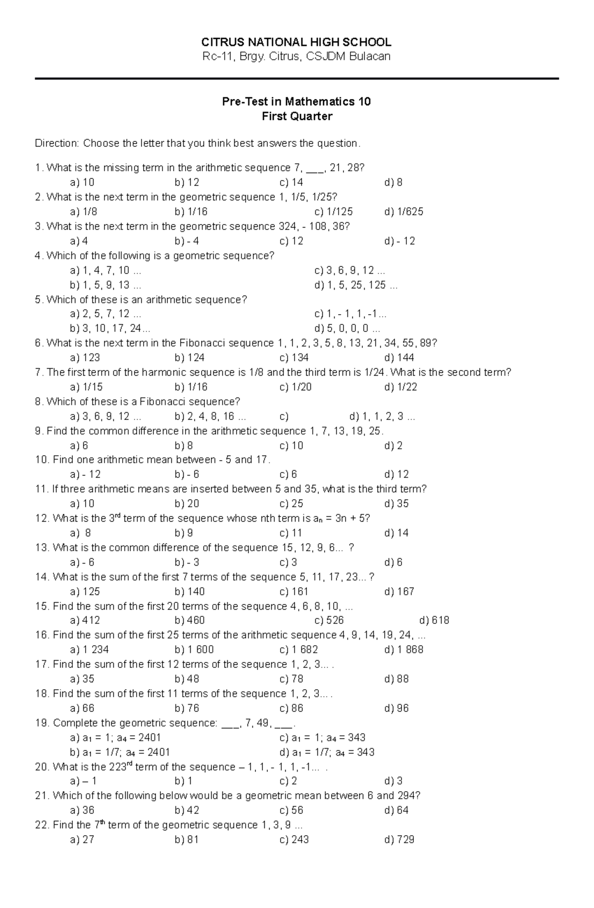 Pre Test Grade 10 - Pre test in math - CITRUS NATIONAL HIGH SCHOOL Rc ...