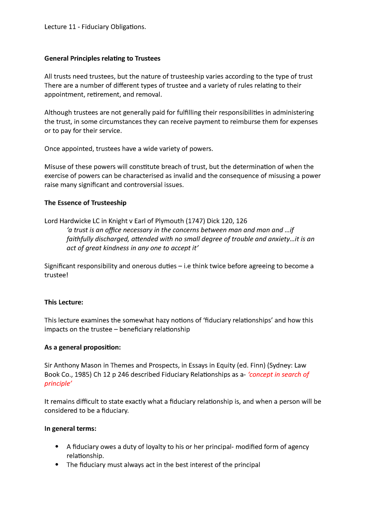 Lecture 11 - Fiduciary Obligations - General Principles relating to