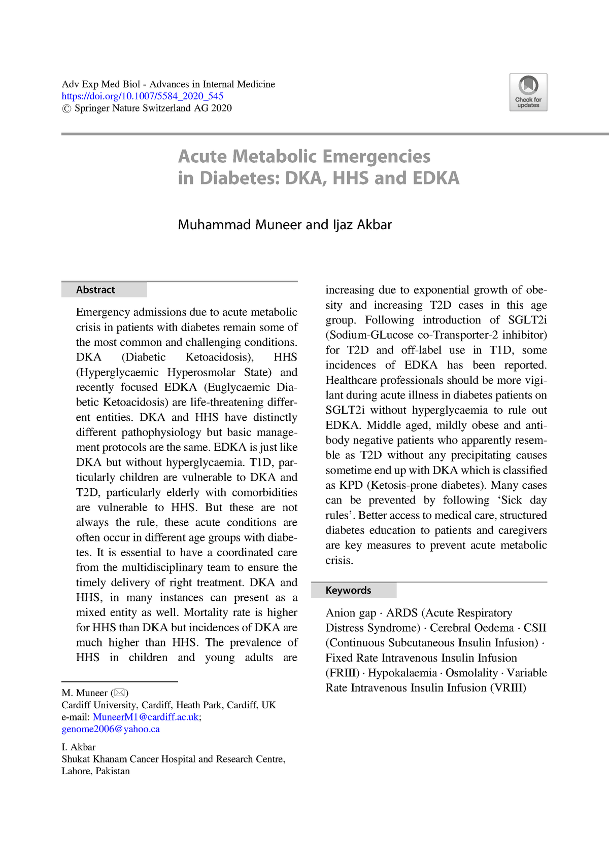 Acute Metabolic Emergencies In Diabetes Dka Hhs And Edka Adv Exp Med Biol Advances In