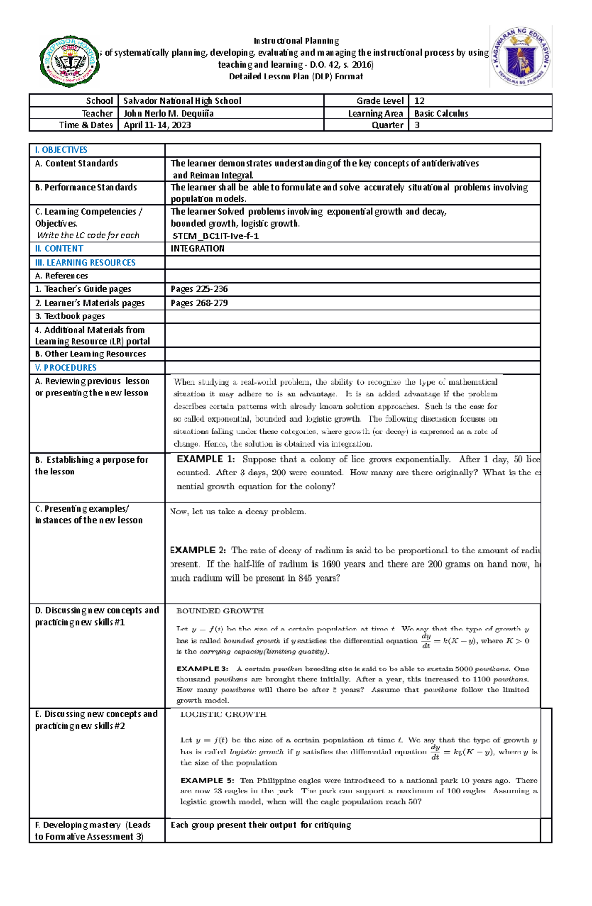 STEM BC1IT-Ive-f-1 - lesson plan in math - Instructional Planning (The ...