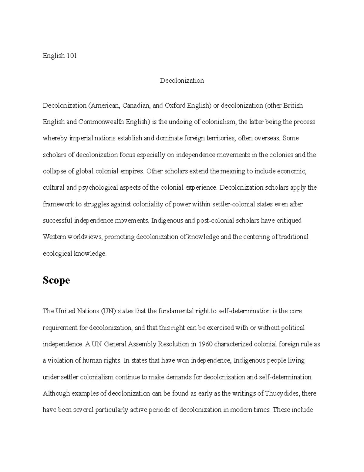 Essay on Decolonization - English 101 Decolonization Decolonization ...