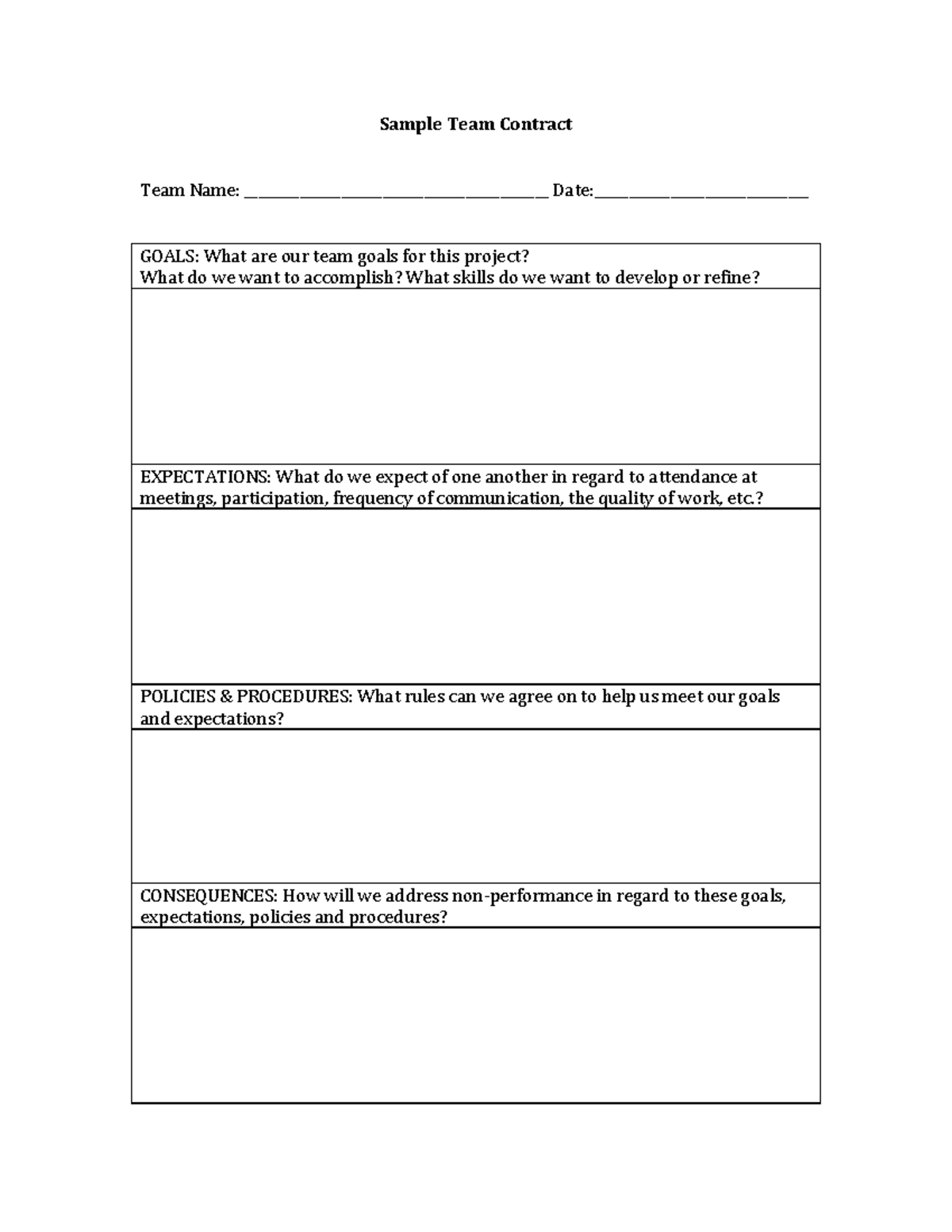 Team Contract - Sample Team Contract Team Name