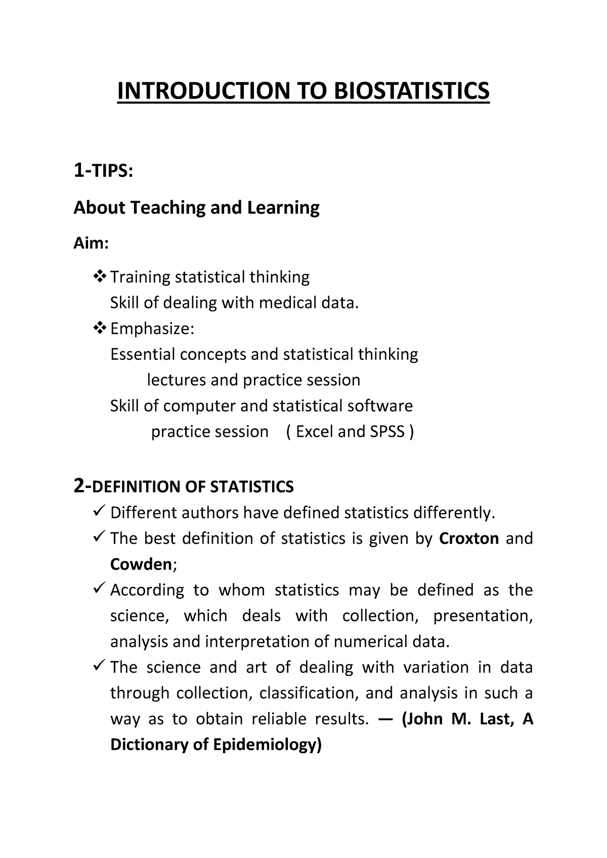 Introduction TO Biostatistics - INTRODUCTION TO BIOSTATISTICS 1- TIPS ...