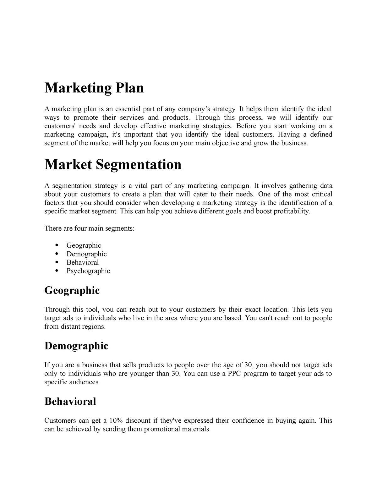 marketing plan assignment example