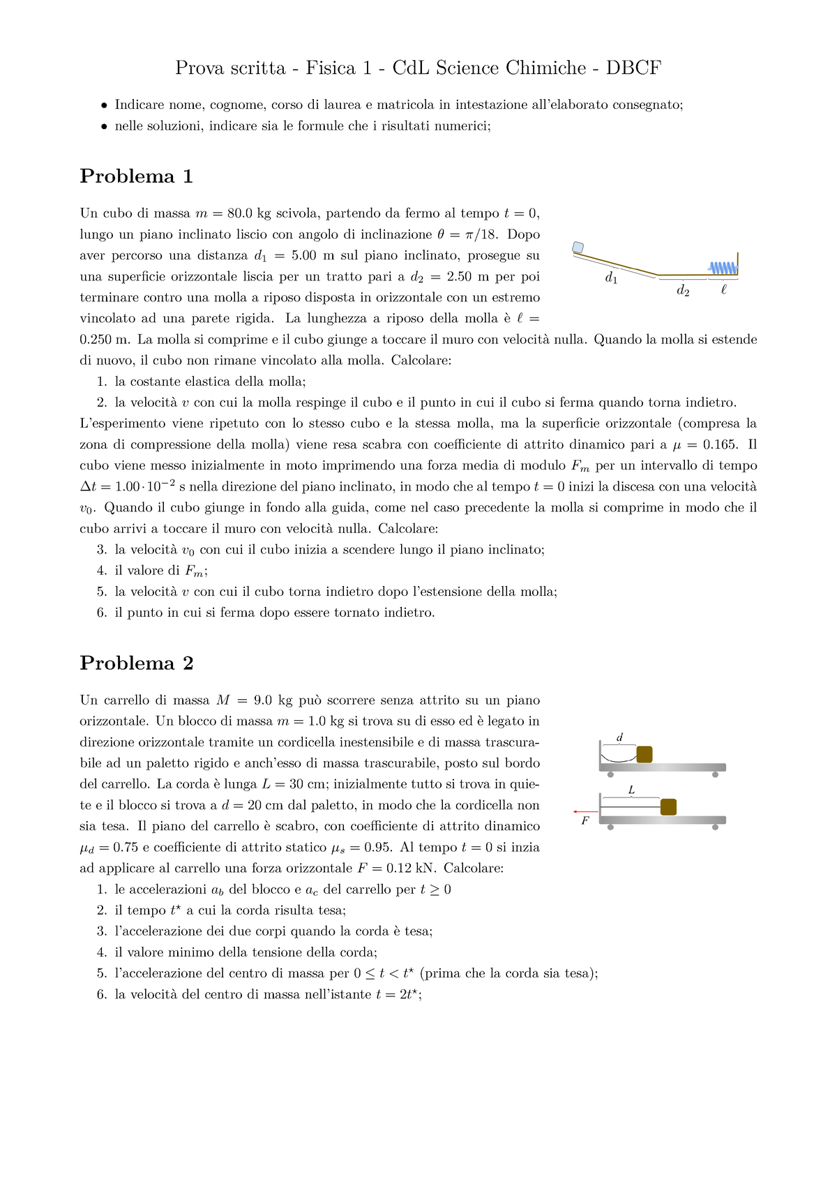 Problemi Fisica 1 Con Soluzioni - Prova Scritta - Fisica 1 - CdL ...