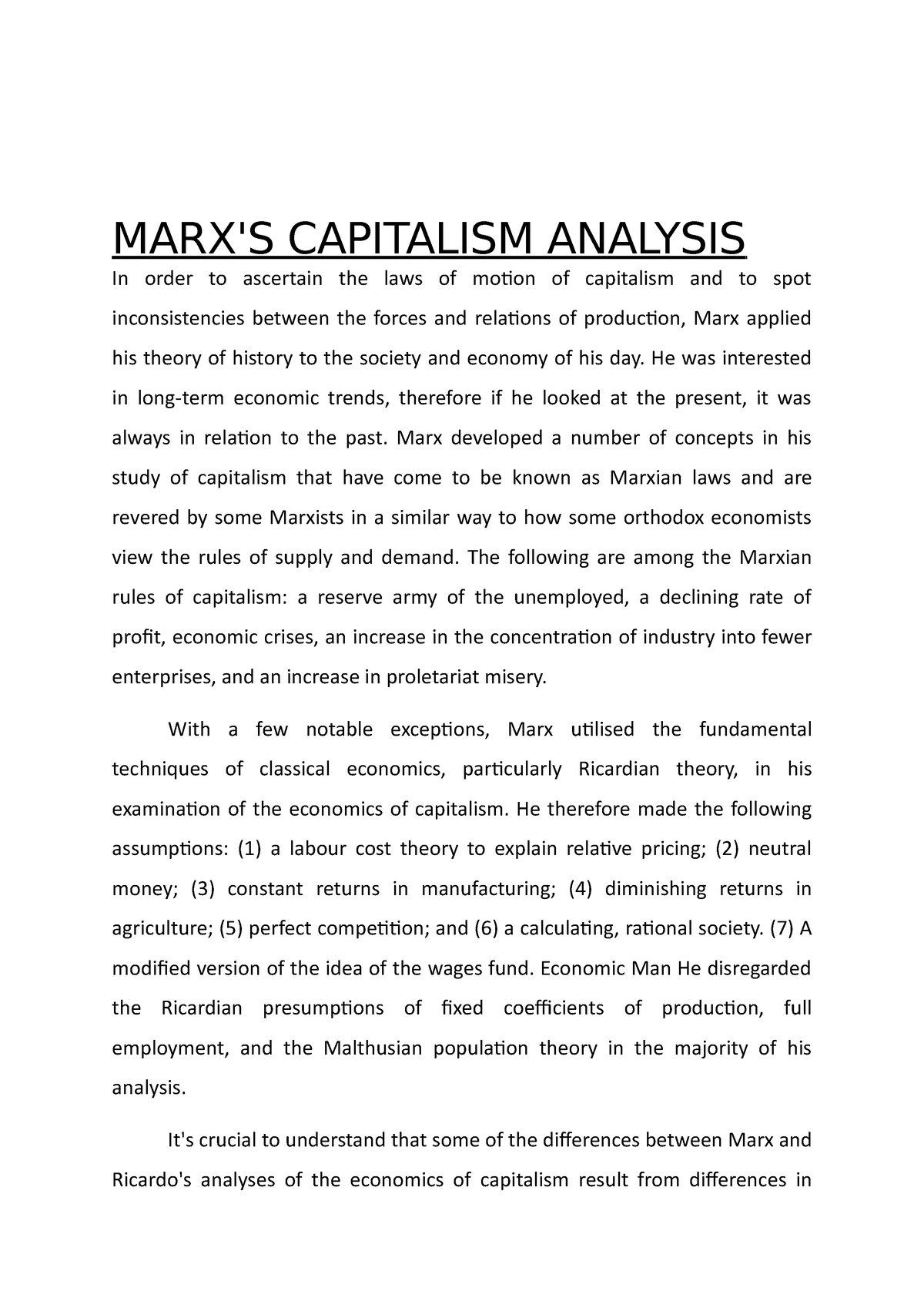 marx critique of capitalism essay