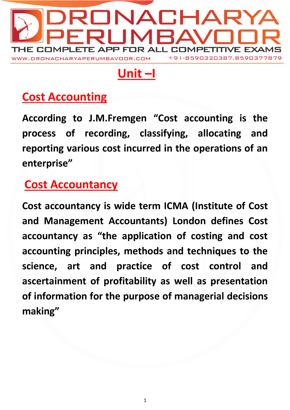 General Terms Of Coasting - Unit – I Cost Accounting According To J.M