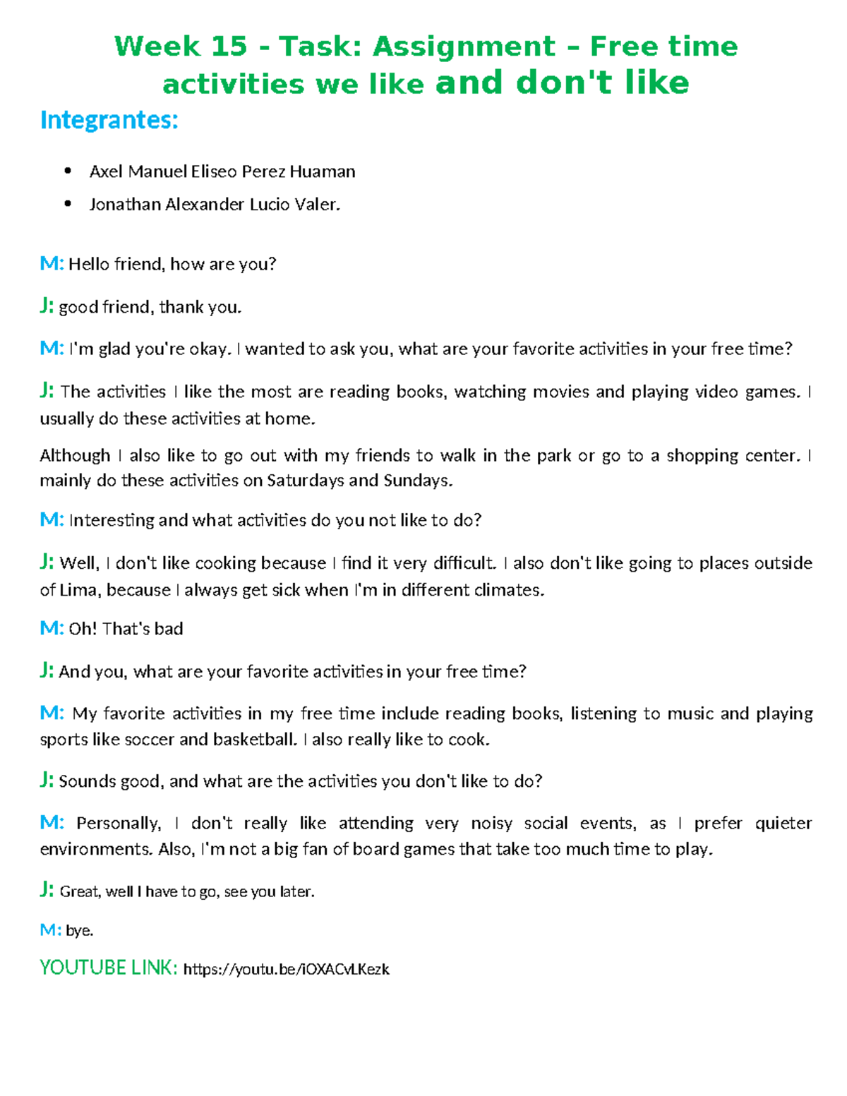 Week 15 - AYUDA - Week 15 - Task: Assignment – Free time activities we ...