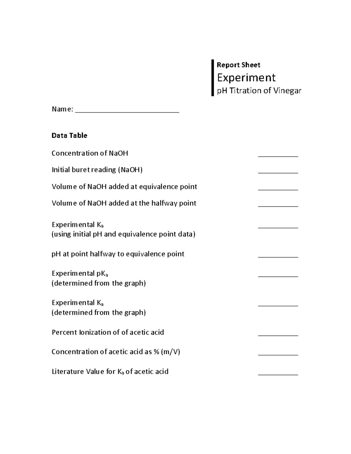 P H Titration Fillable PDF Report Sheet Spring 2021 Report Sheet Experiment pH Titration of