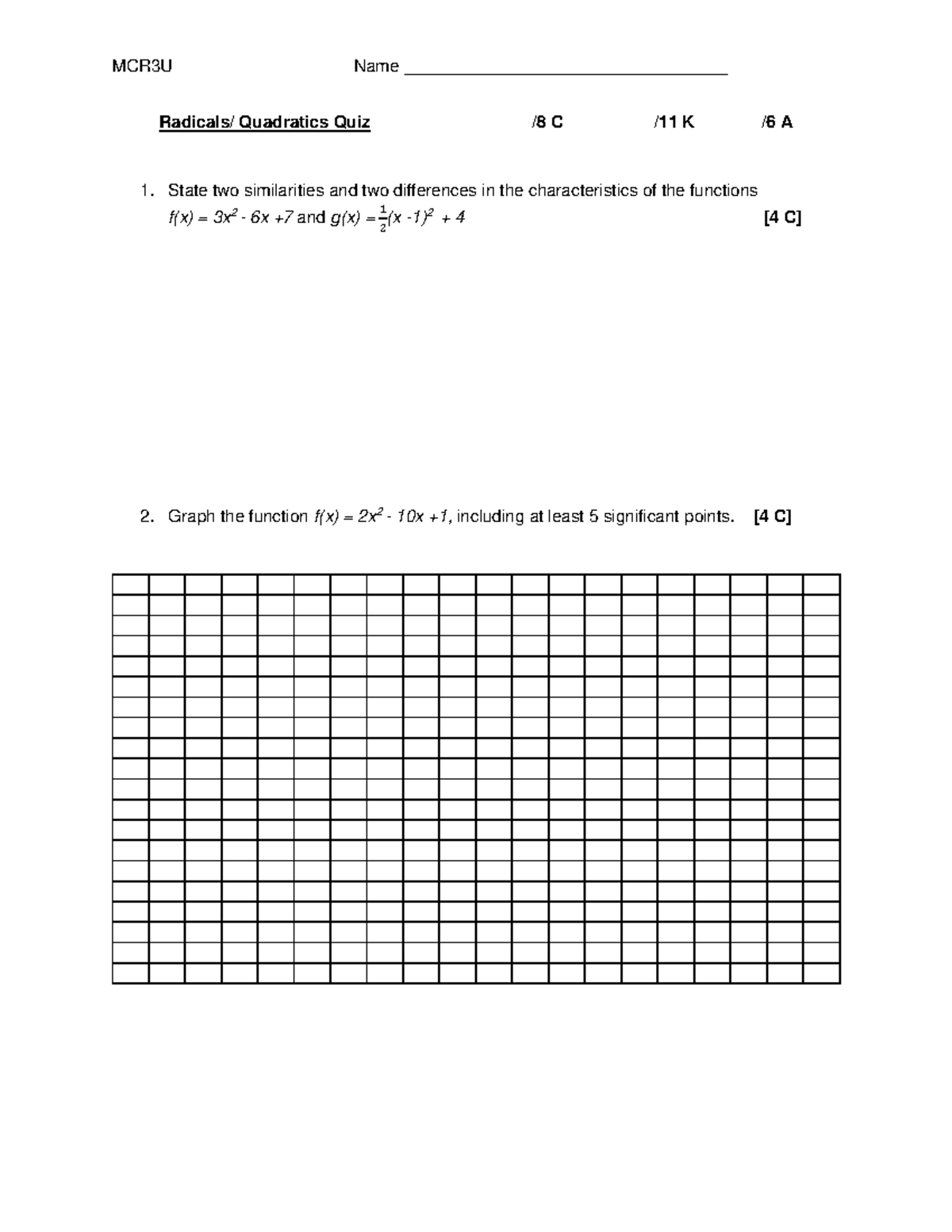 Its The Chapter 3 Quiz - MCR3U Name ...