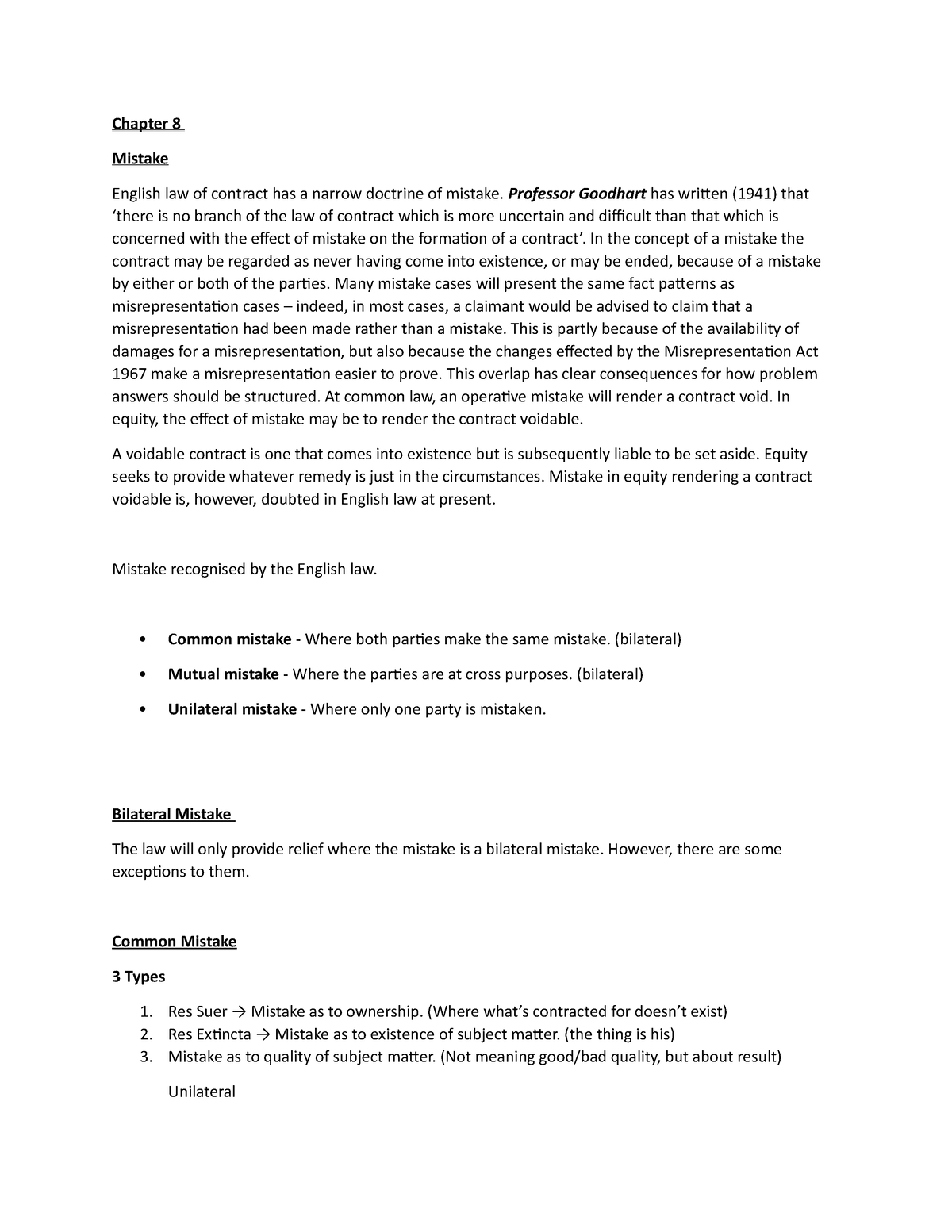 Chapter 8 Mistake - Chapter 8 Mistake English Law Of Contract Has A ...