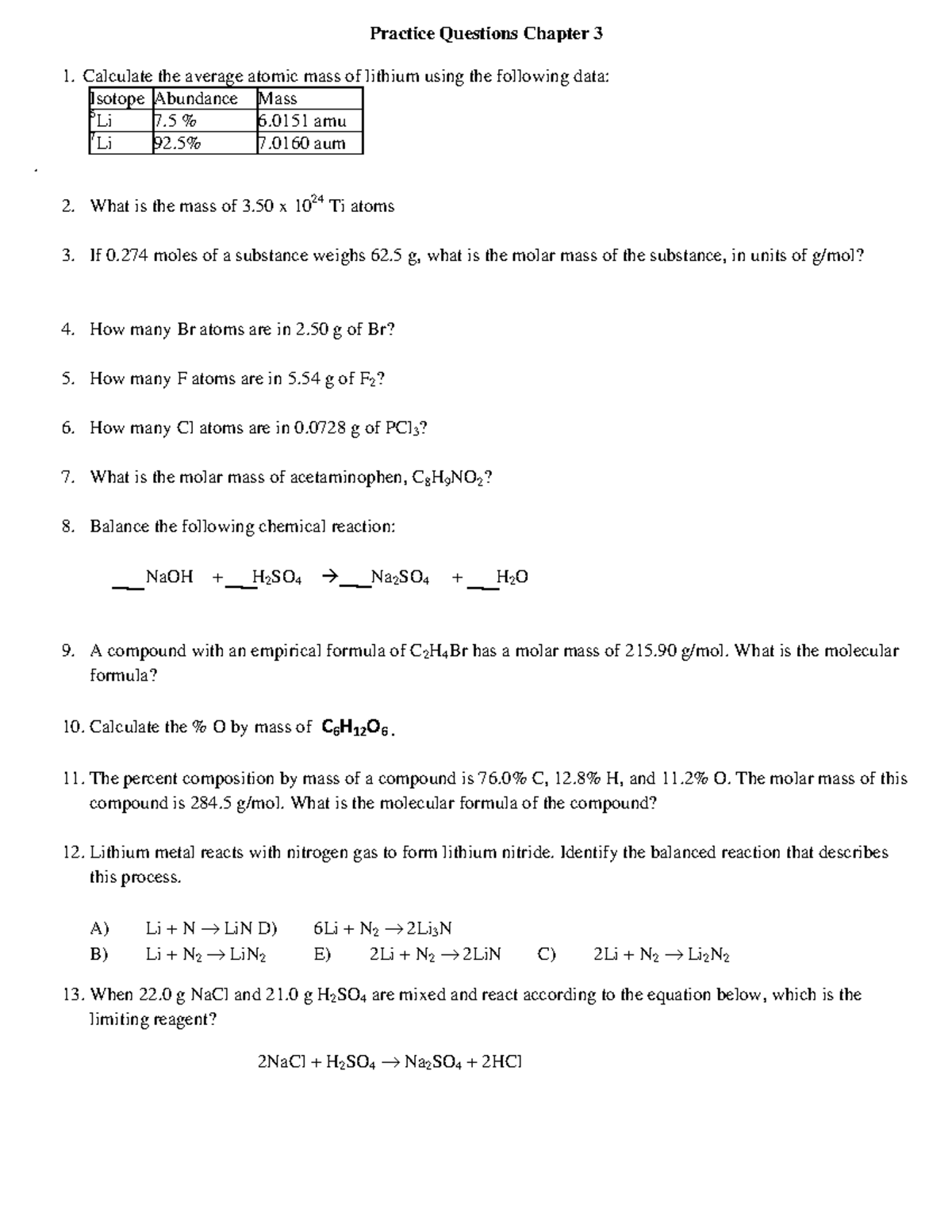 Chapter 3 practice questions - Practice Questions Chapter 3 Calculate ...