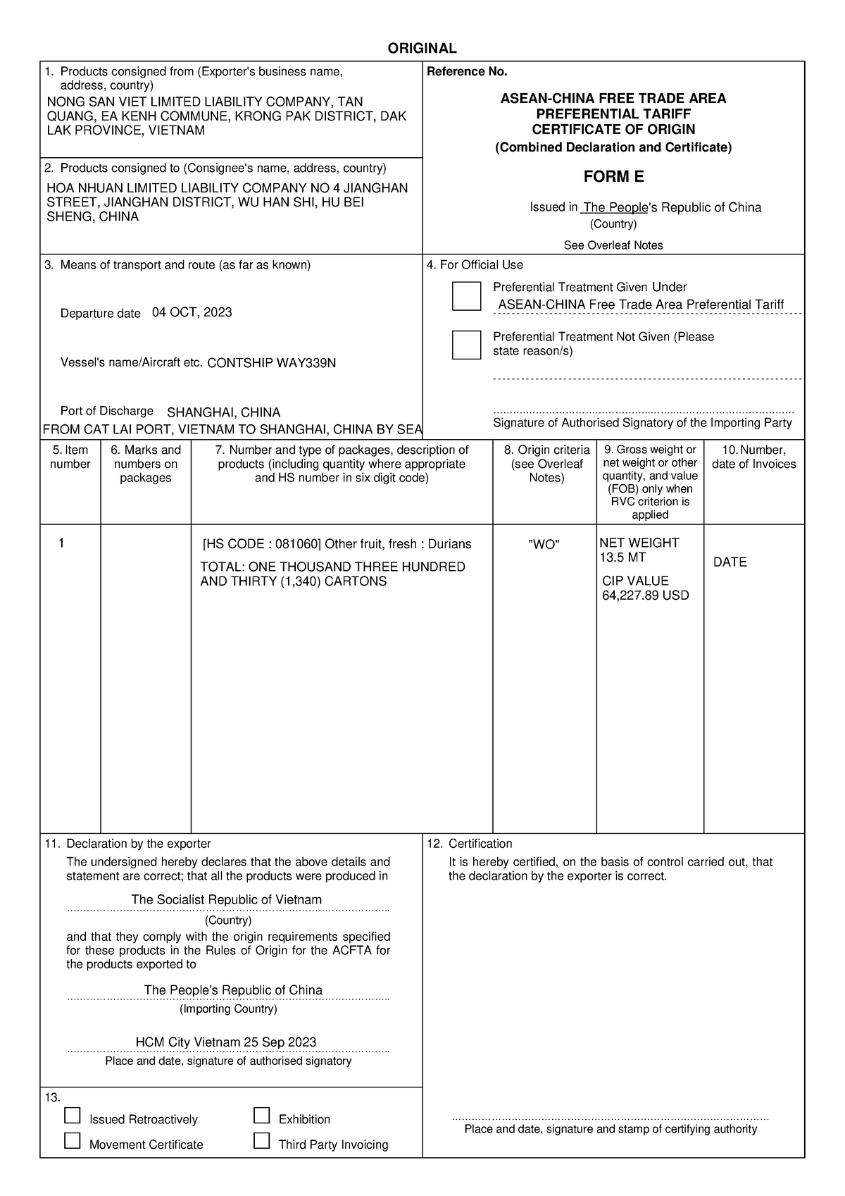 Cert Of Origin - Cert O - Original Products Consigned From (exporter's 