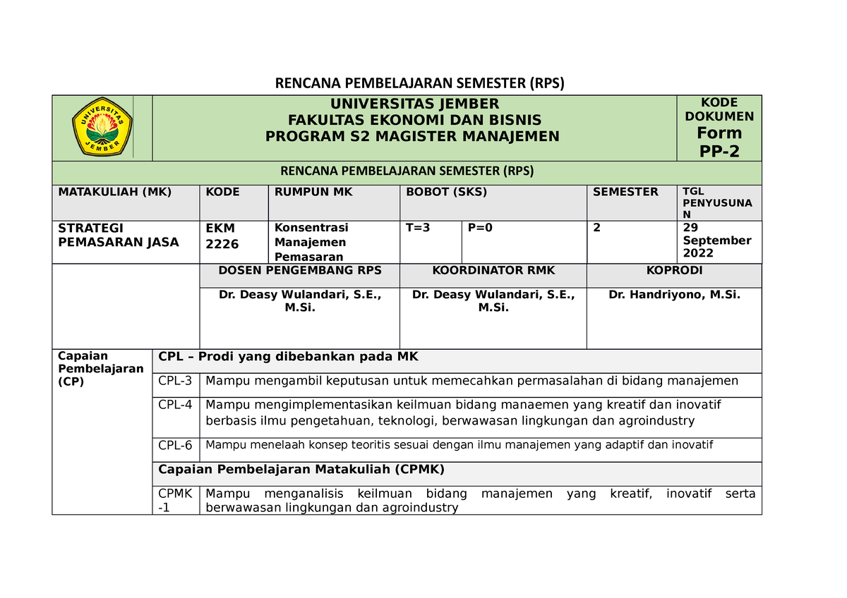 RPS - RPS - RENCANA PEMBELAJARAN SEMESTER (RPS) UNIVERSITAS JEMBER ...