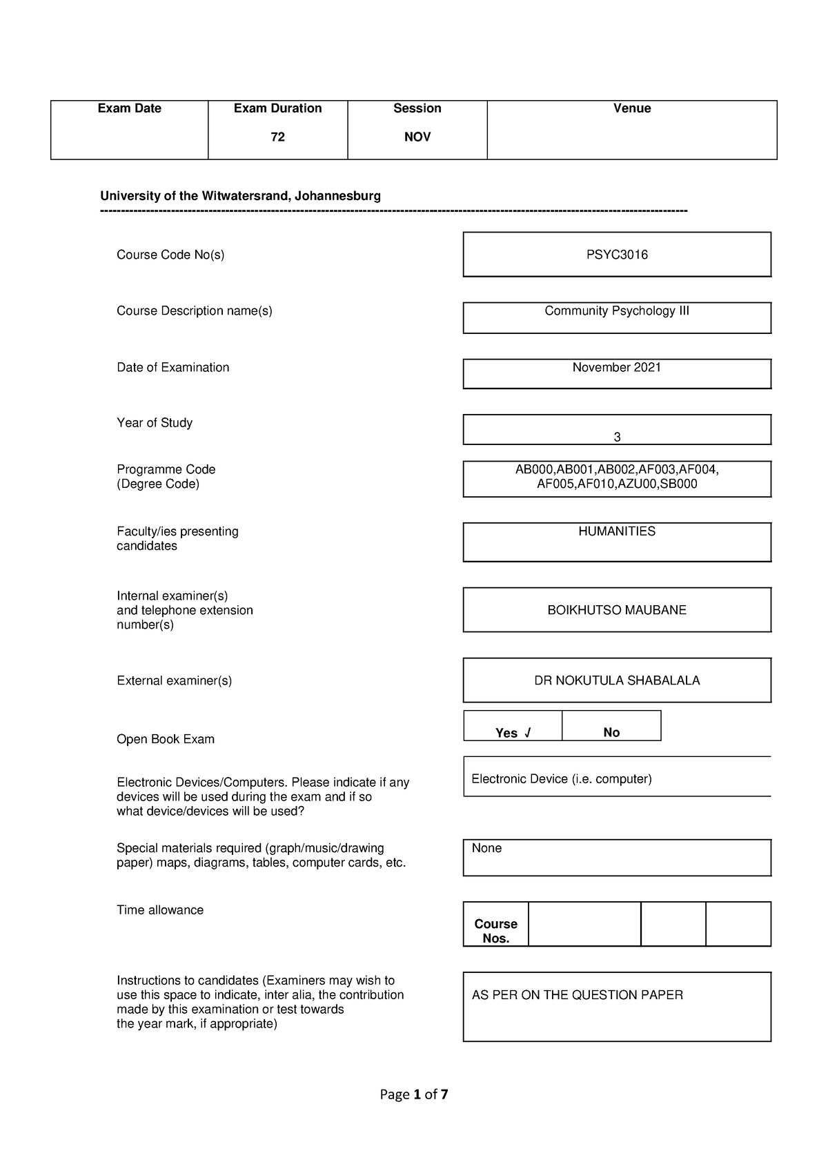 PSYC3016 November Examination 2021 - Exam Date Exam Duration 72 Session ...