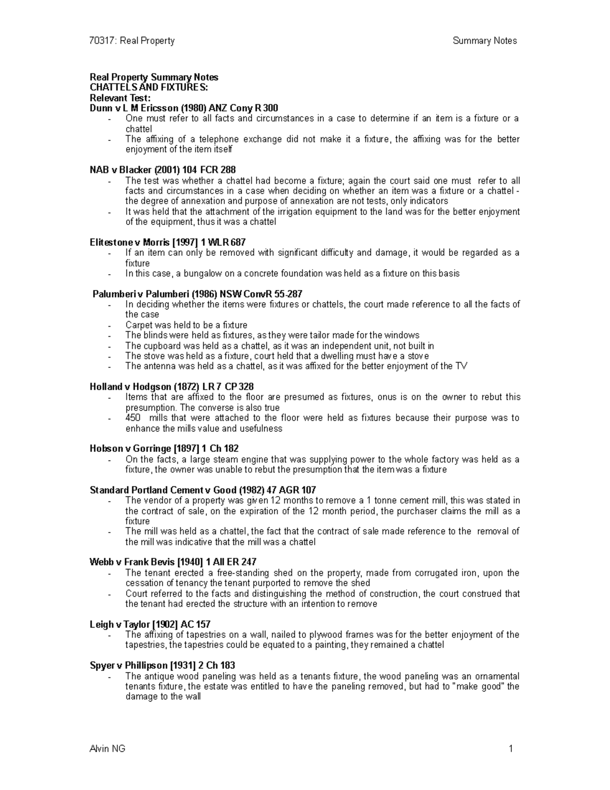 Final exam notes - Real Property Summary Notes CHATTELS AND FIXTURES ...