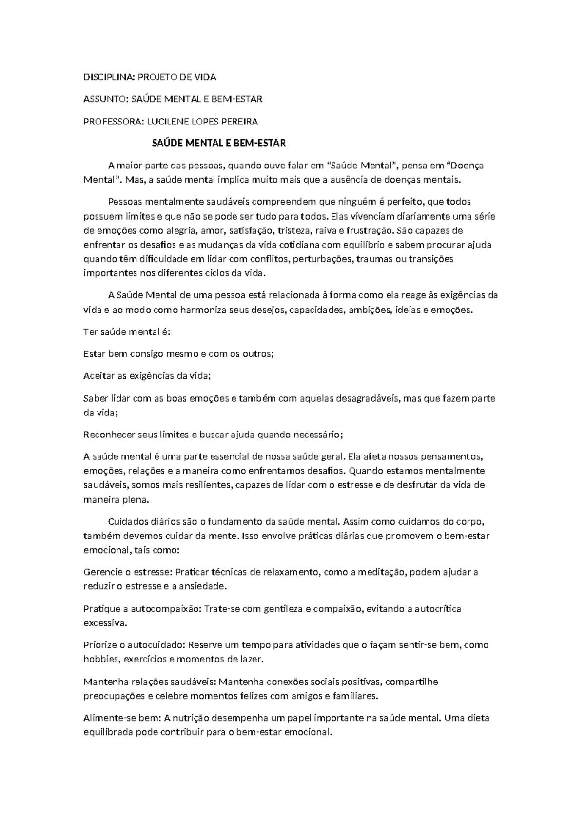 AULA Projeto DE VIDA 8 ANO - DISCIPLINA: PROJETO DE VIDA ASSUNTO: SAÚDE ...