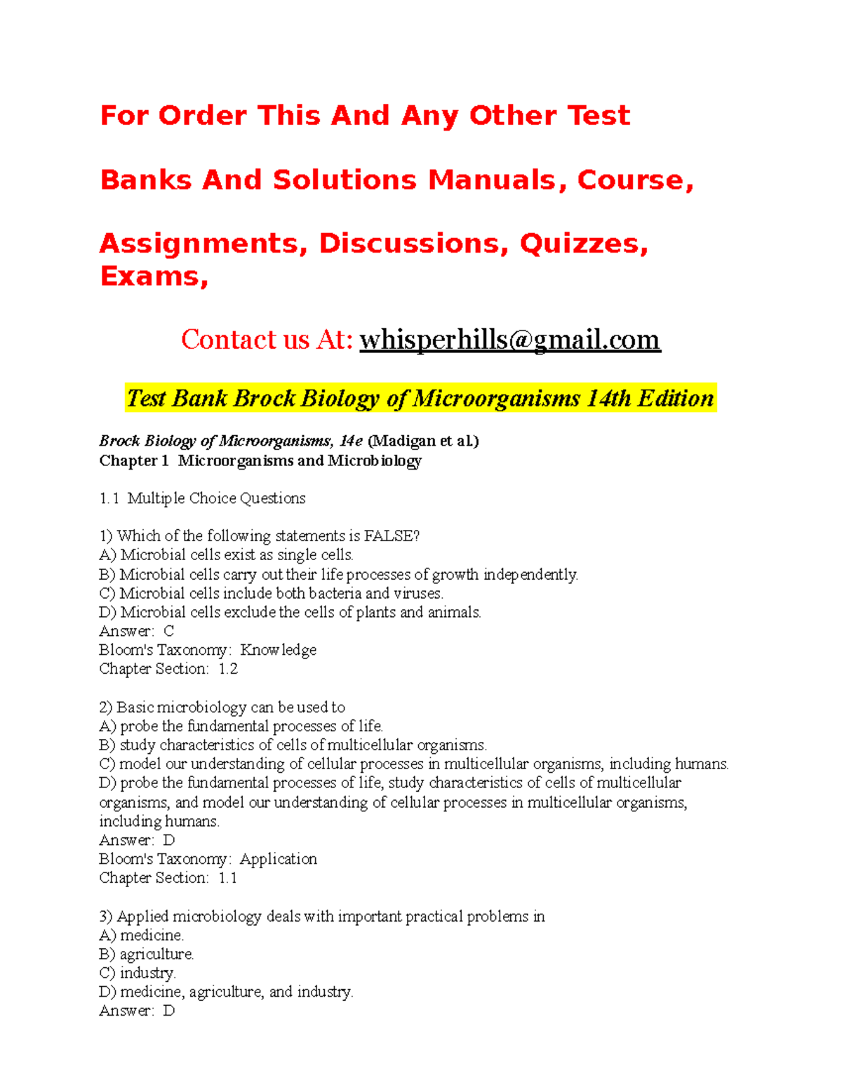 Test Bank From Brock's Biology Of Microorganisms 14th Edition With ...