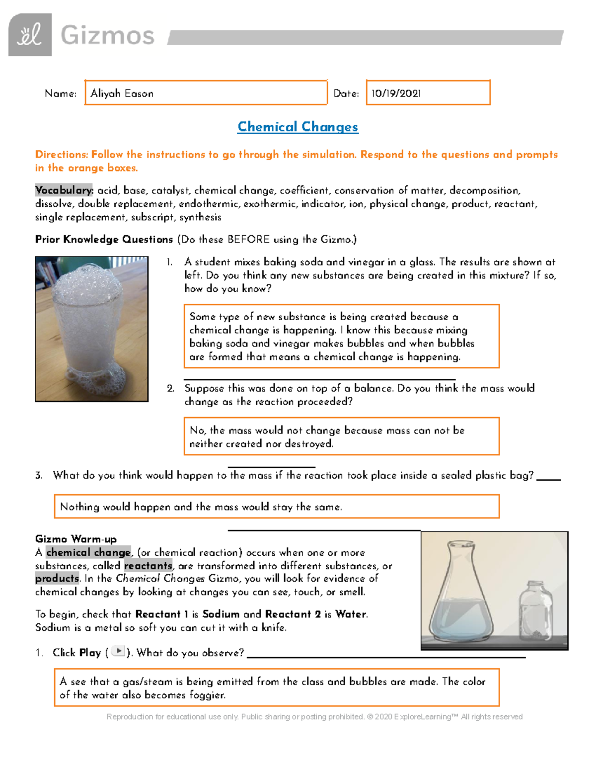 Chemical Changes SE Gizmo Bio 103 Microbiology StuDocu