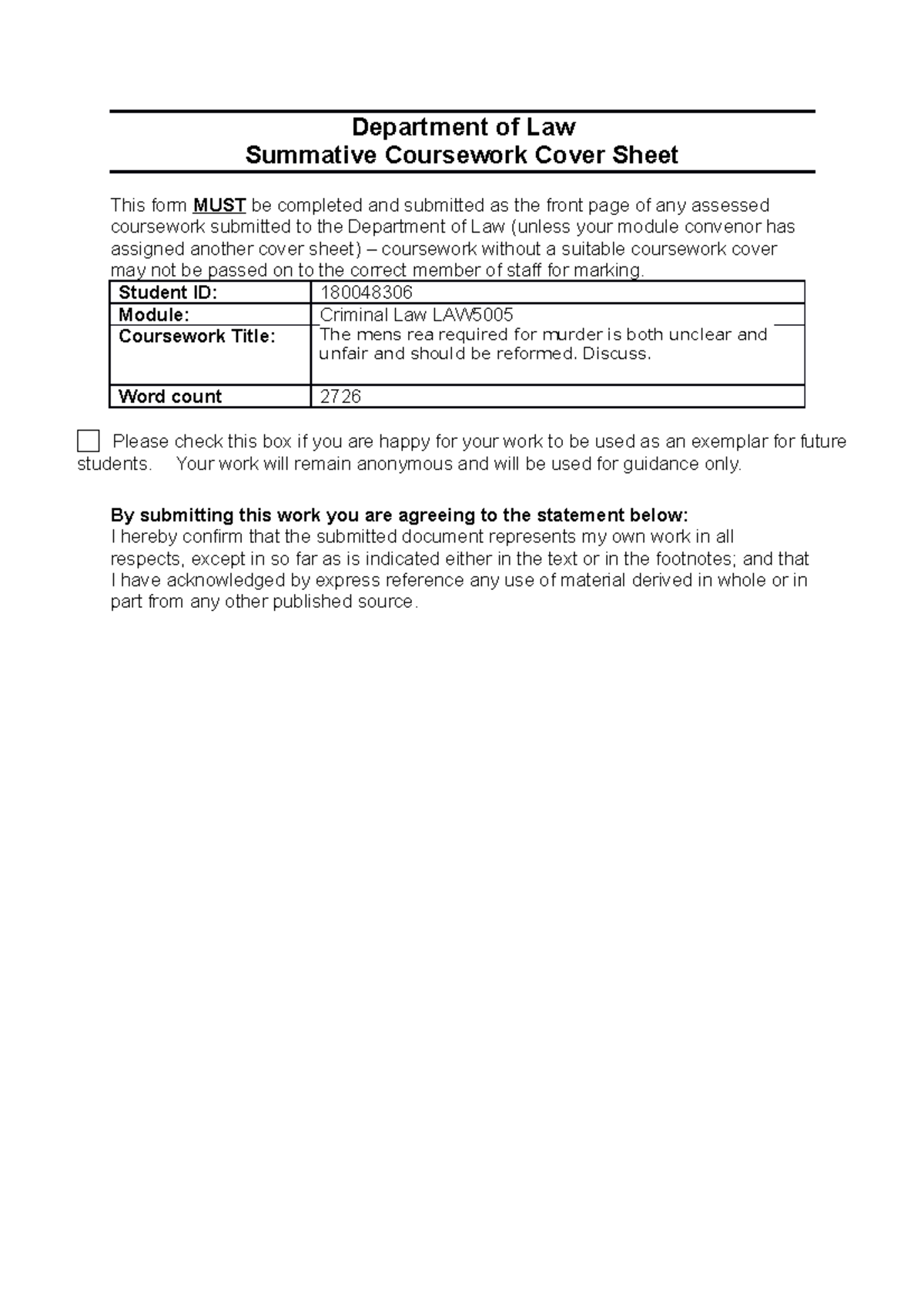 Mens rea Assignment - Department of Law Summative Coursework Cover ...