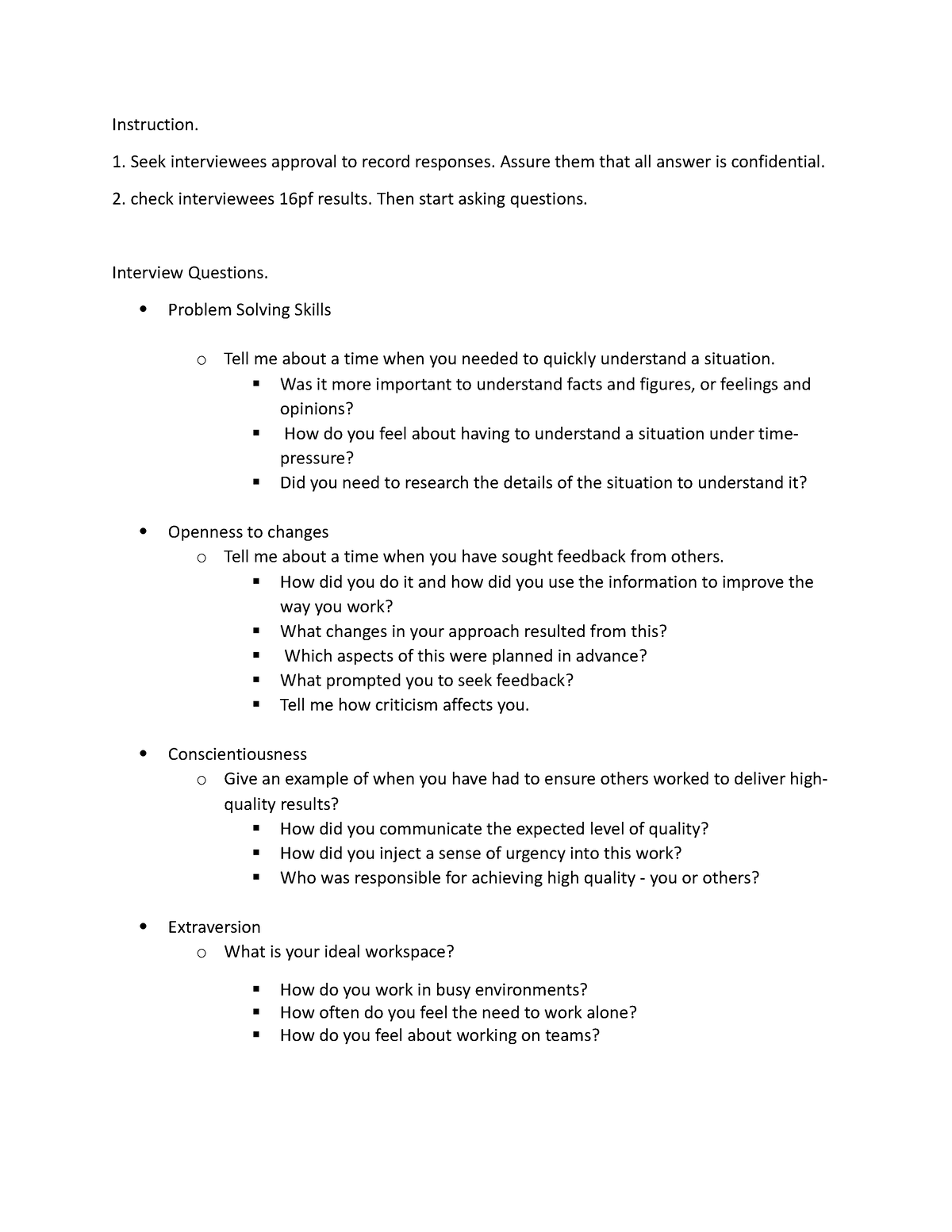 Interview questions - Instruction. Seek interviewees approval to record ...