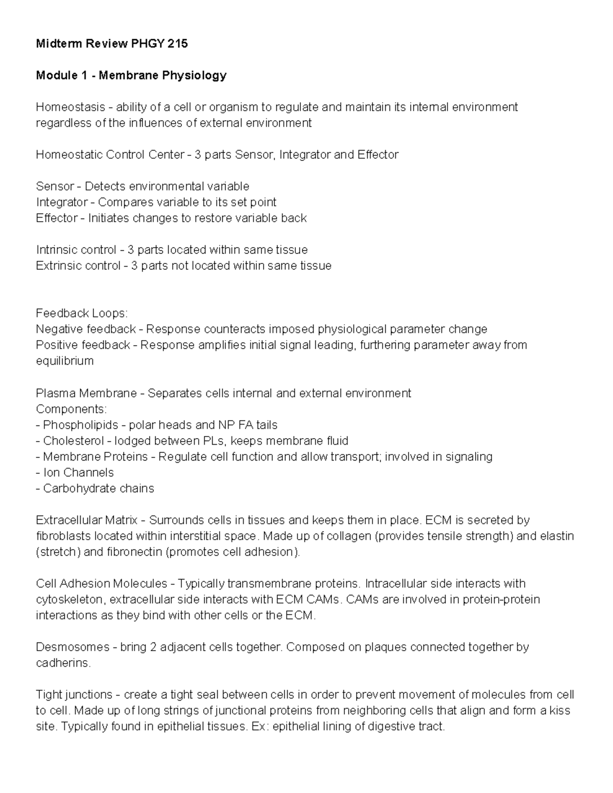 Midterm PHGY 215 - Midterm Review PHGY 215 Module 1 - Membrane ...