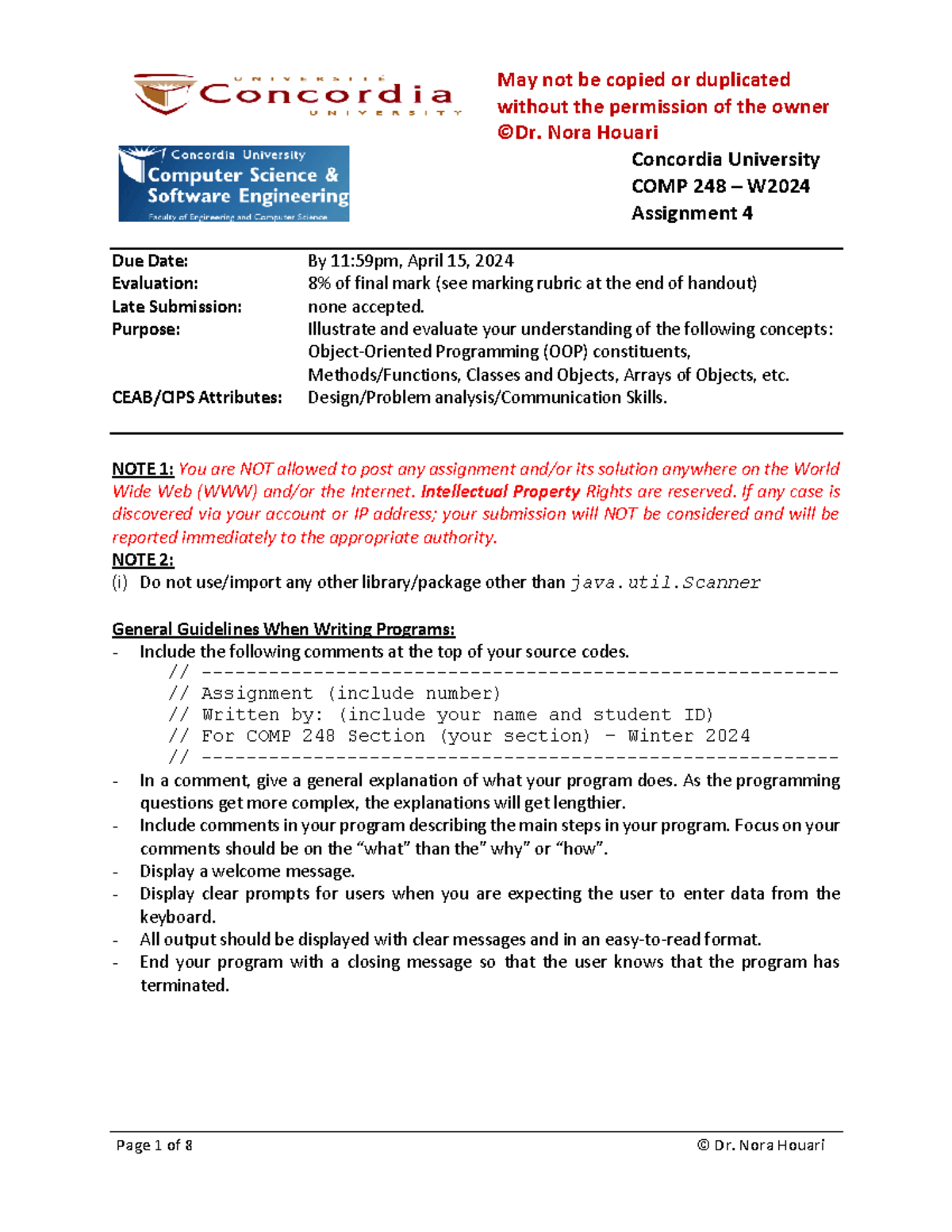 COMP248 A4 W2024 1 - without the permission of the owner ©Dr. Nora ...