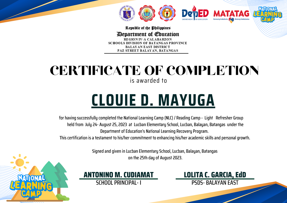 Lucban ES NLC CERT - A certificate for learning camp - LOLITA C. GARCIA ...