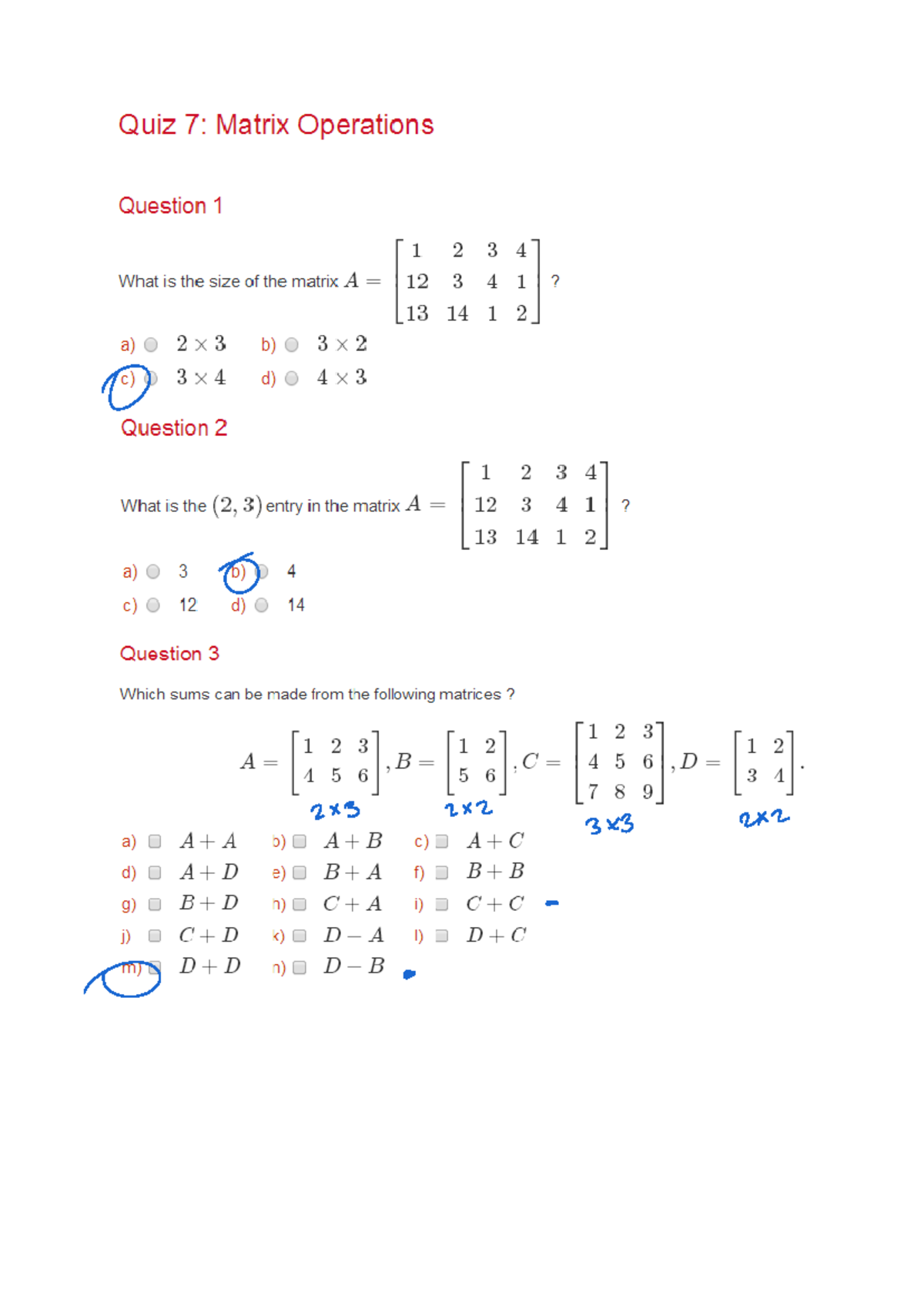 Quiz 7 - matrices - Study notes - Quiz 7: Matrix Operations Question 1 ...