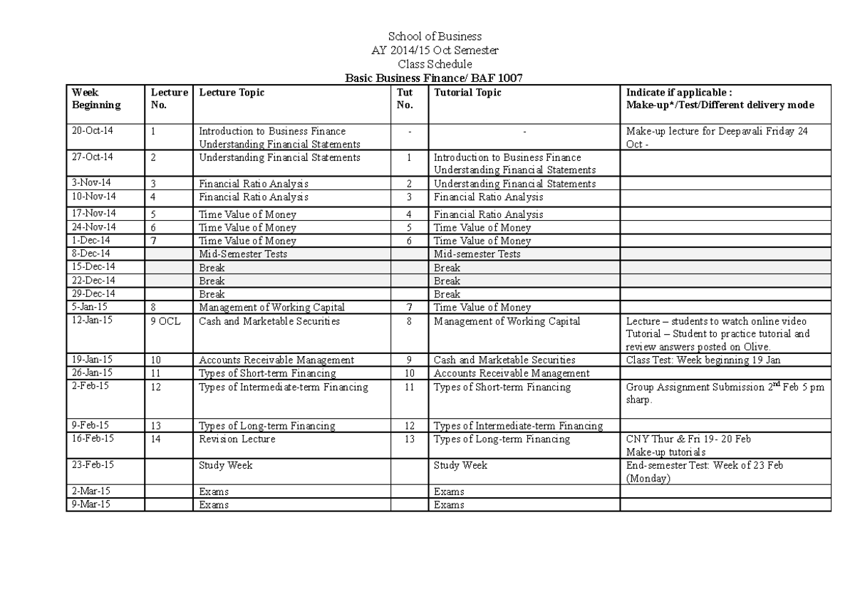 Class Schedule AY14-15 Oct sem - BBF (Stu only) - School of Business AY ...