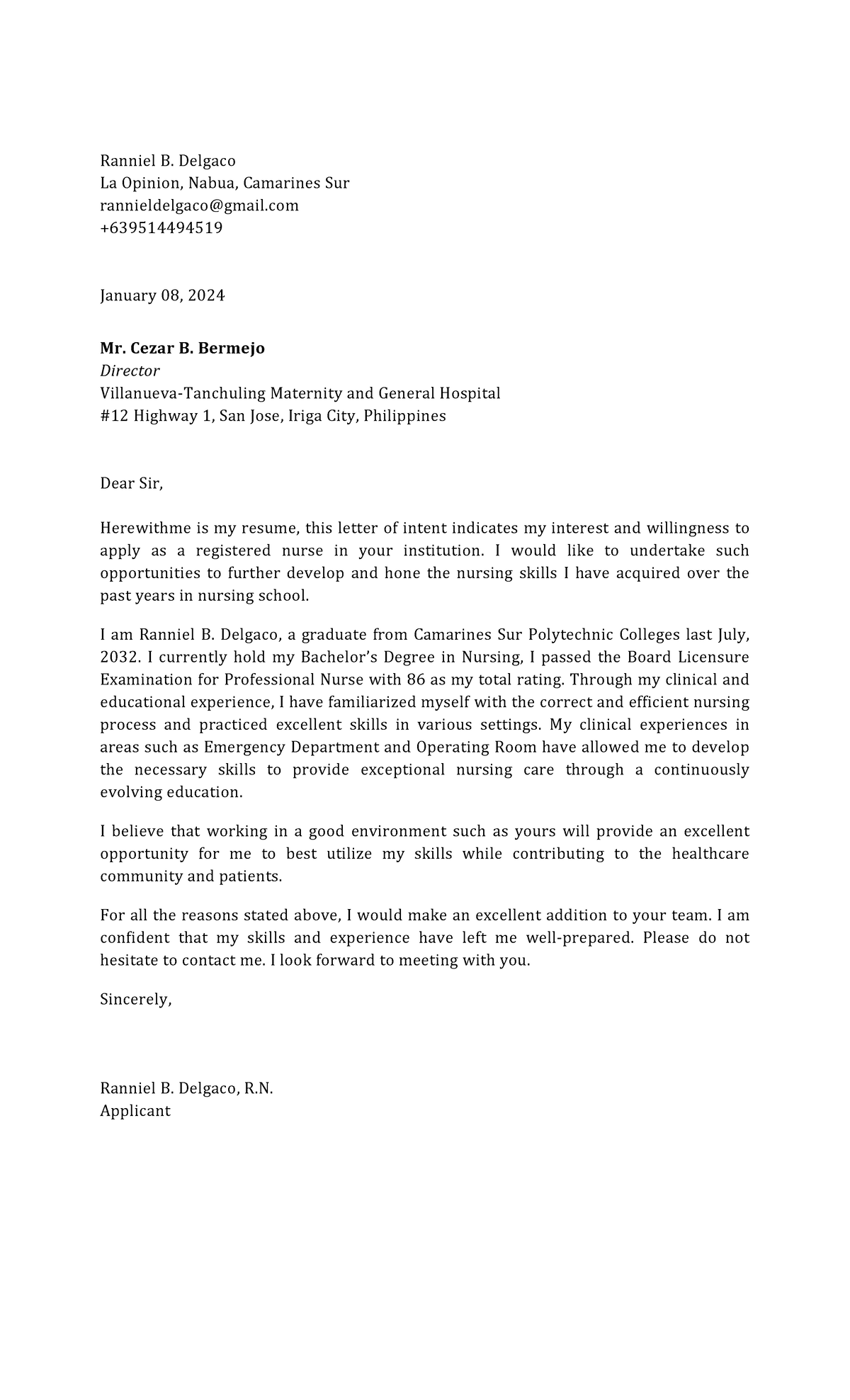 Ran Application Letter - Ranniel B. Delgaco La Opinion, Nabua ...