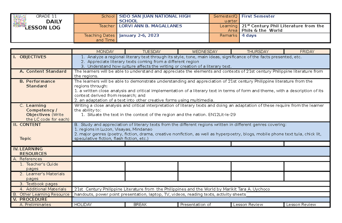 DLL Lit EN12Lit-Ie-29 Jan 2-6, 2023 - GRADE 11 DAILY LESSON LOG School ...