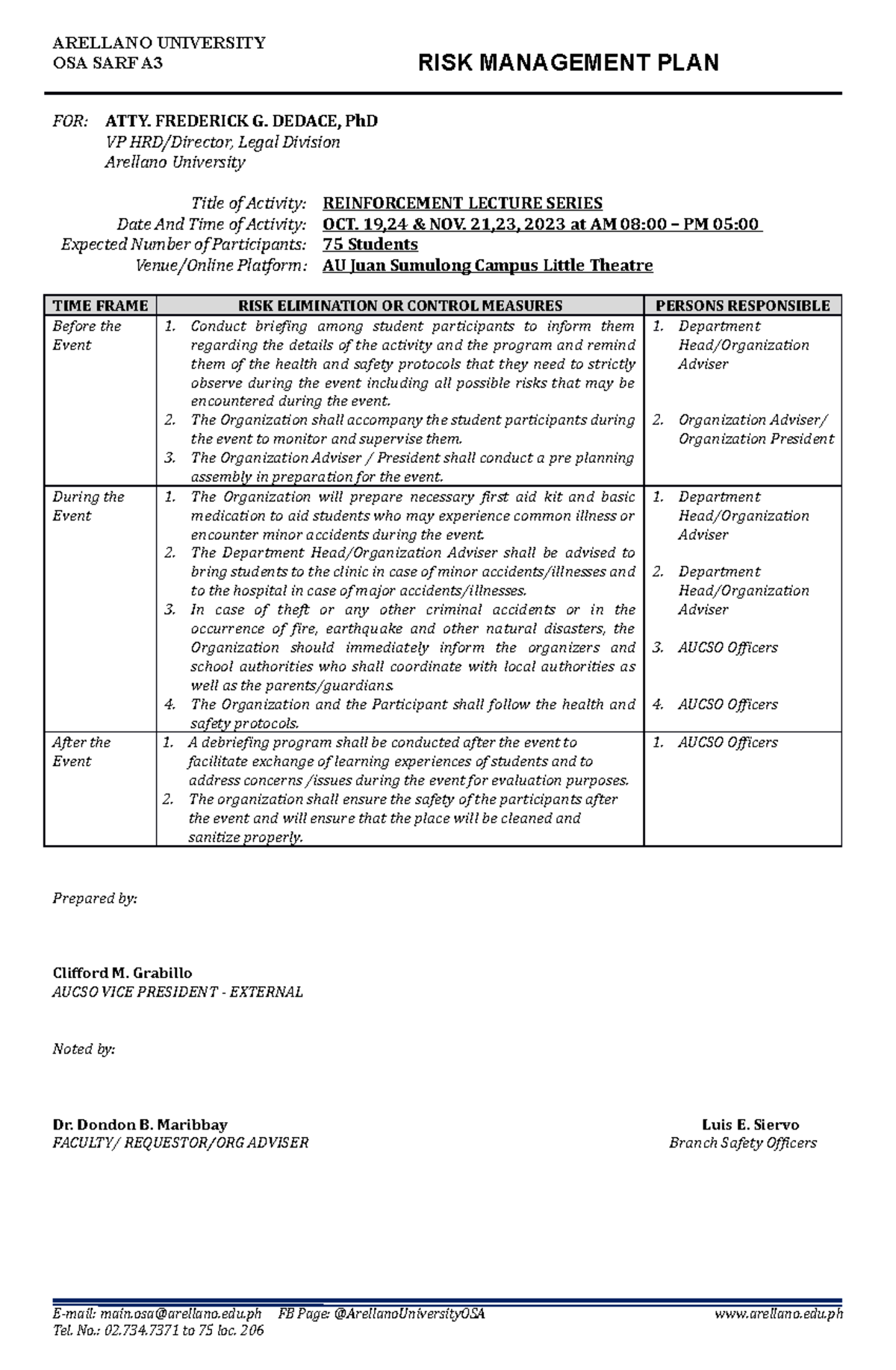 OSA SARF A3 Risk Management Plan Updated - ARELLANO UNIVERSITY OSA SARF ...