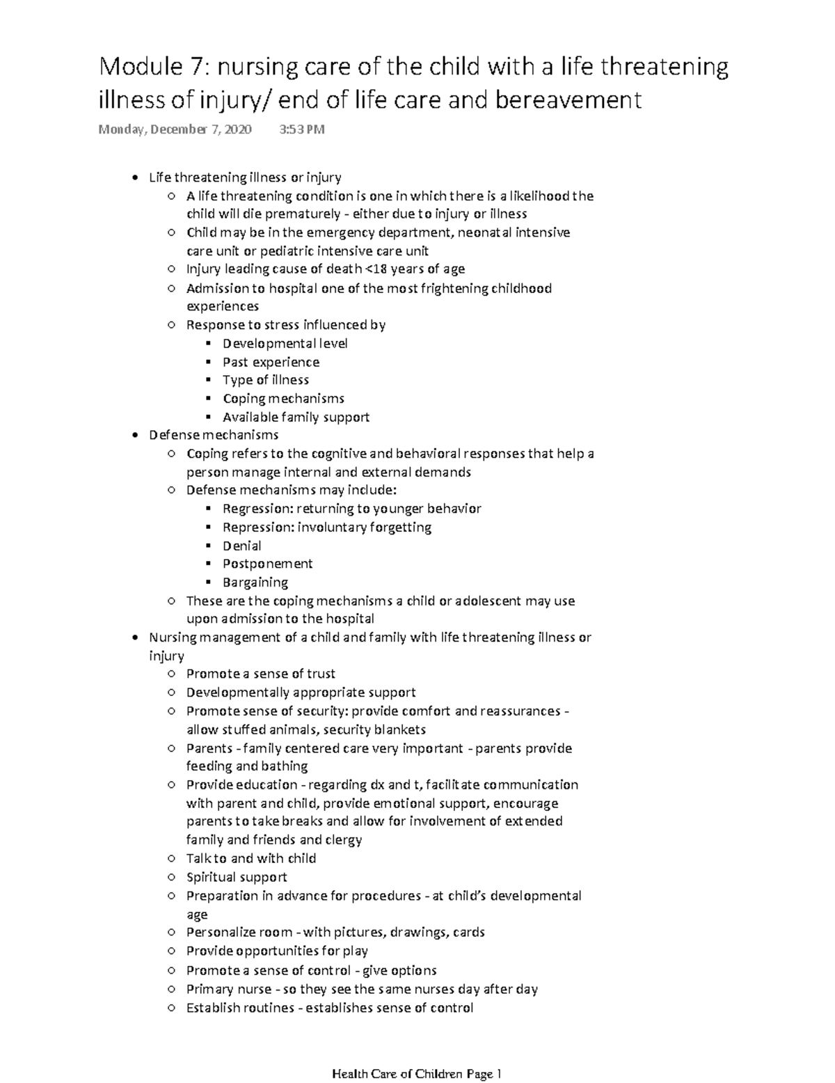 Module 7 nursing care of the child with a life threatening illness of ...