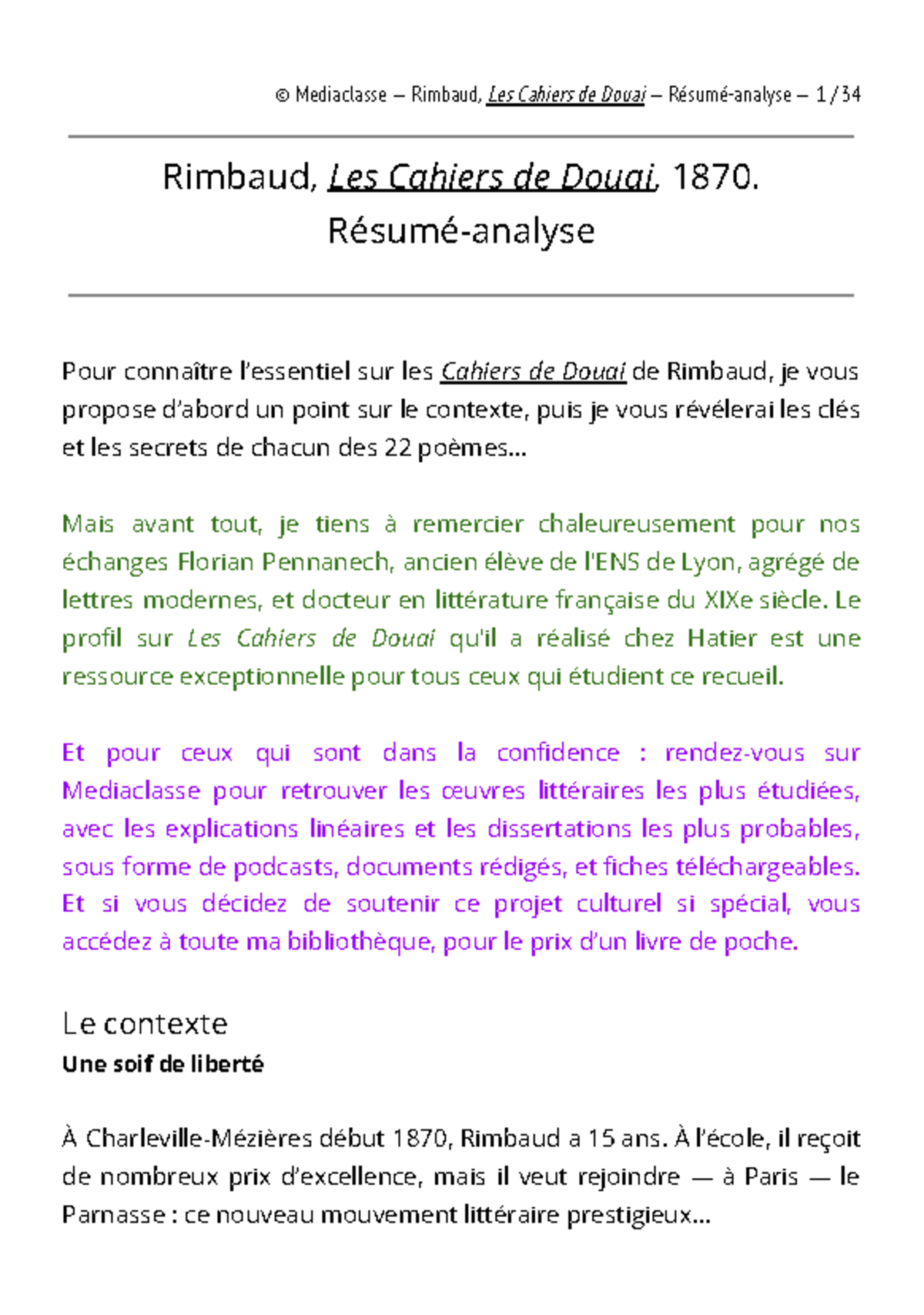 Rimbaud, Cahiers de Douai - Résumé-analyse (version PDF) - Rimbaud, Les ...