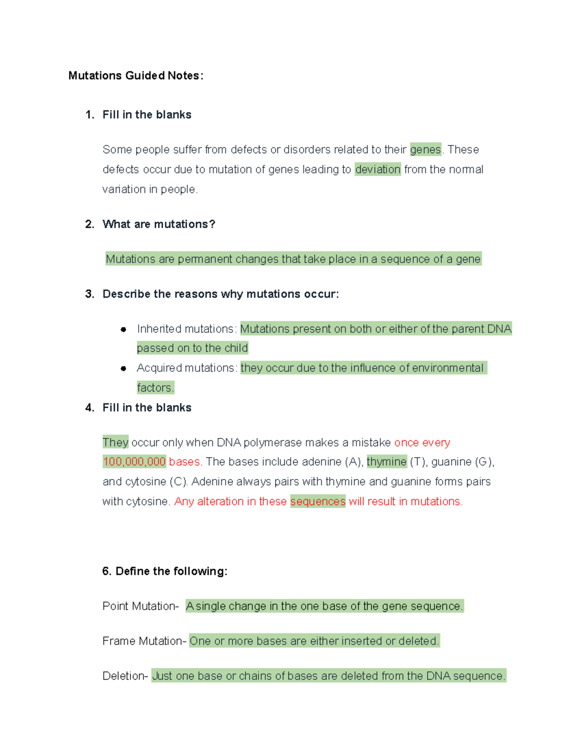 Copy of Mutations PP Guided Notes - Mutations Guided Notes: 1. Fill in ...