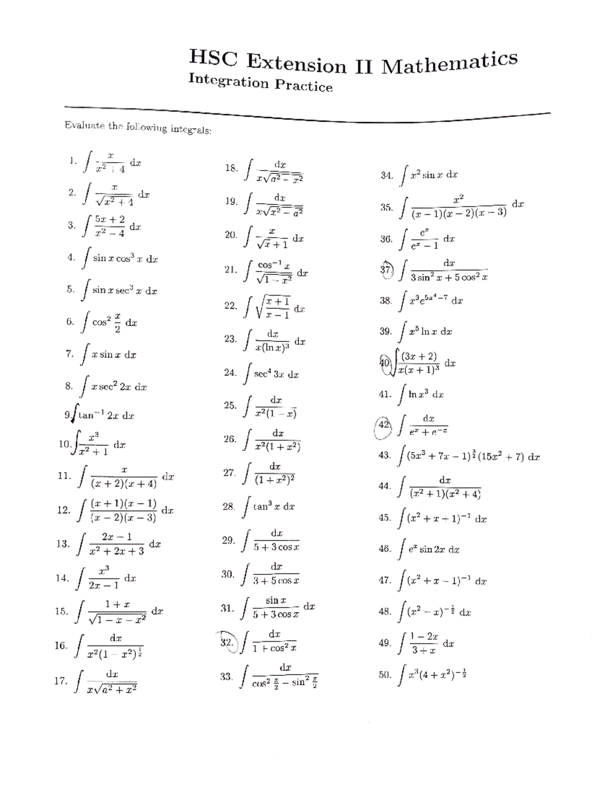 Integration Practice - HSC Extensioon II Mathematic Integration ...