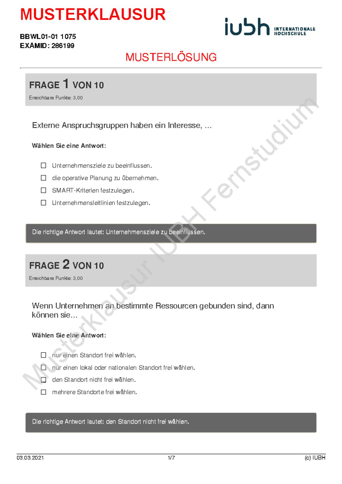BBWL01-01 Musterlösung für Klausur - FRAGE 1 VON 10 Erreichbare Punkte ...