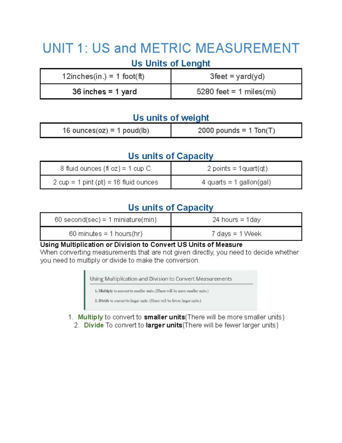 Math Mean - Notes Form Class - Unit 1: Us And Metric Measurement Us 